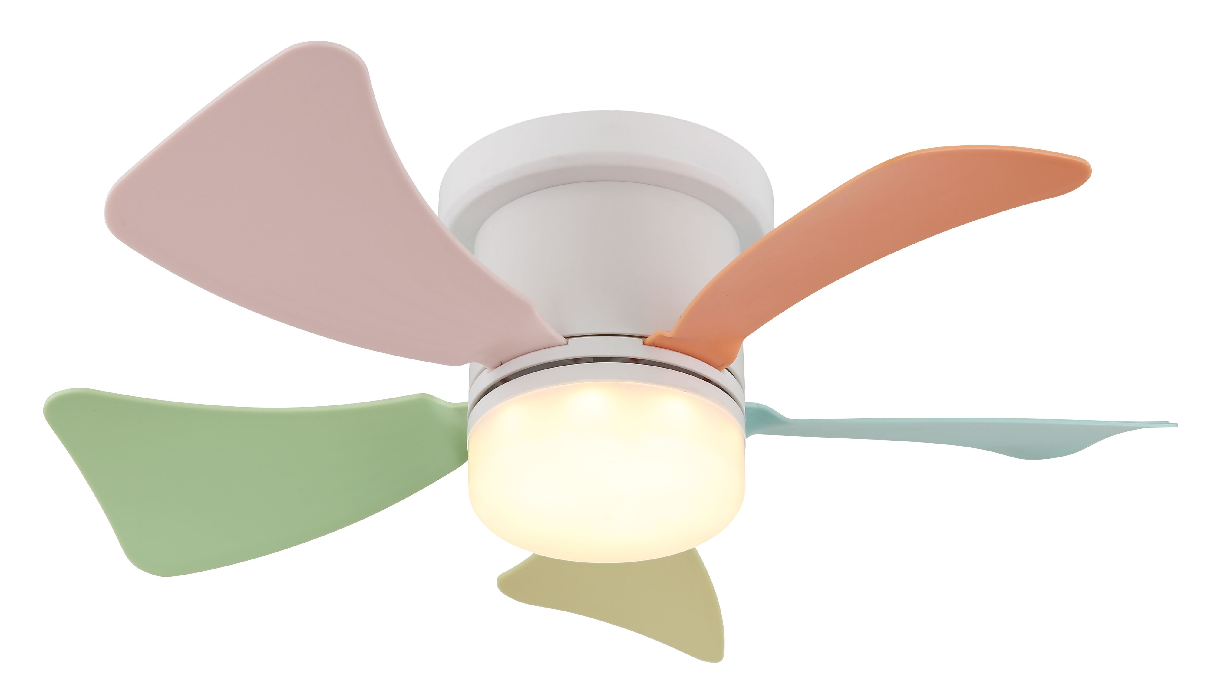 Ein weißer Deckenventilator mit pastellfarbenen Blättern.