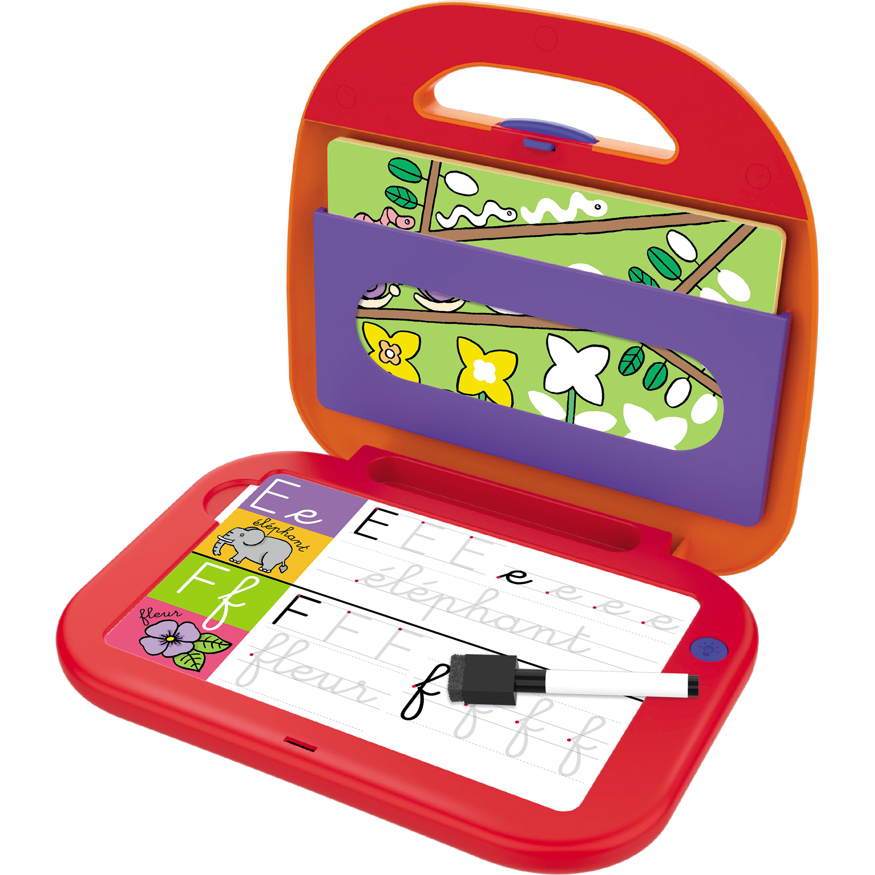 Un kit di scrittura rosso aperto con una penna bianca.