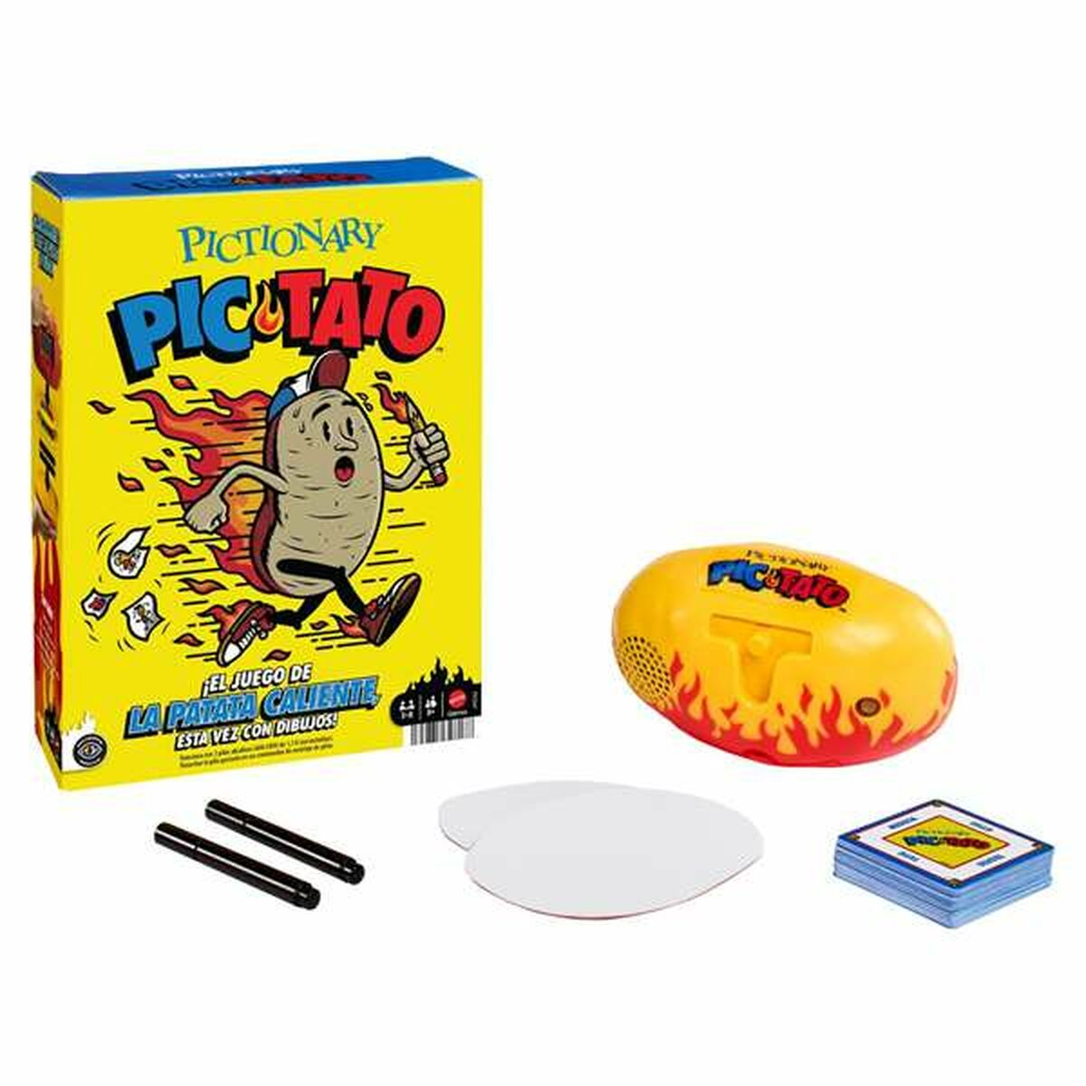 Juego de Pictionary. La caja, un temporizador con forma de patata, dos bolígrafos, dos pizarras blancas y una baraja de cartas.