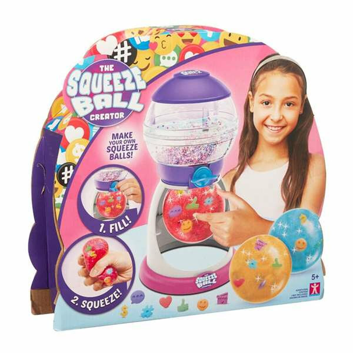 Ein Mädchen lächelt neben einem Spielzeug, mit dem man seine eigenen Quetschbälle herstellen kann. Die Schachtel zeigt Anweisungen und Bälle.