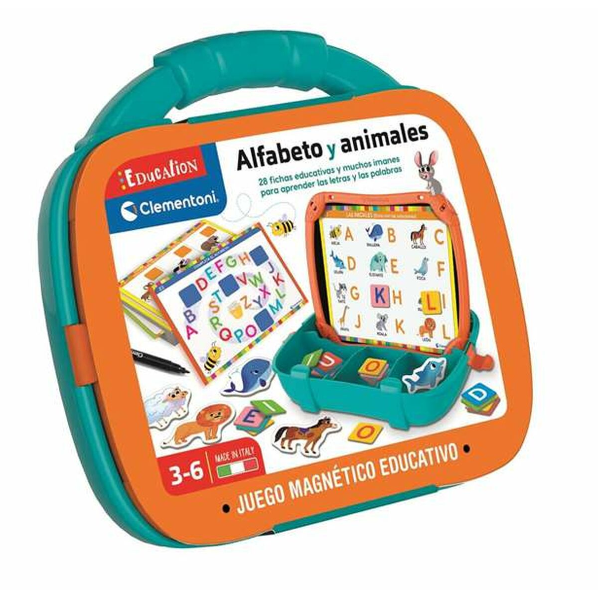 Ein blaues und orangefarbenes Lernspielzeug. Es ist ein Koffer mit Buchstaben und Tieren. Es gibt Karten und einen Stift.