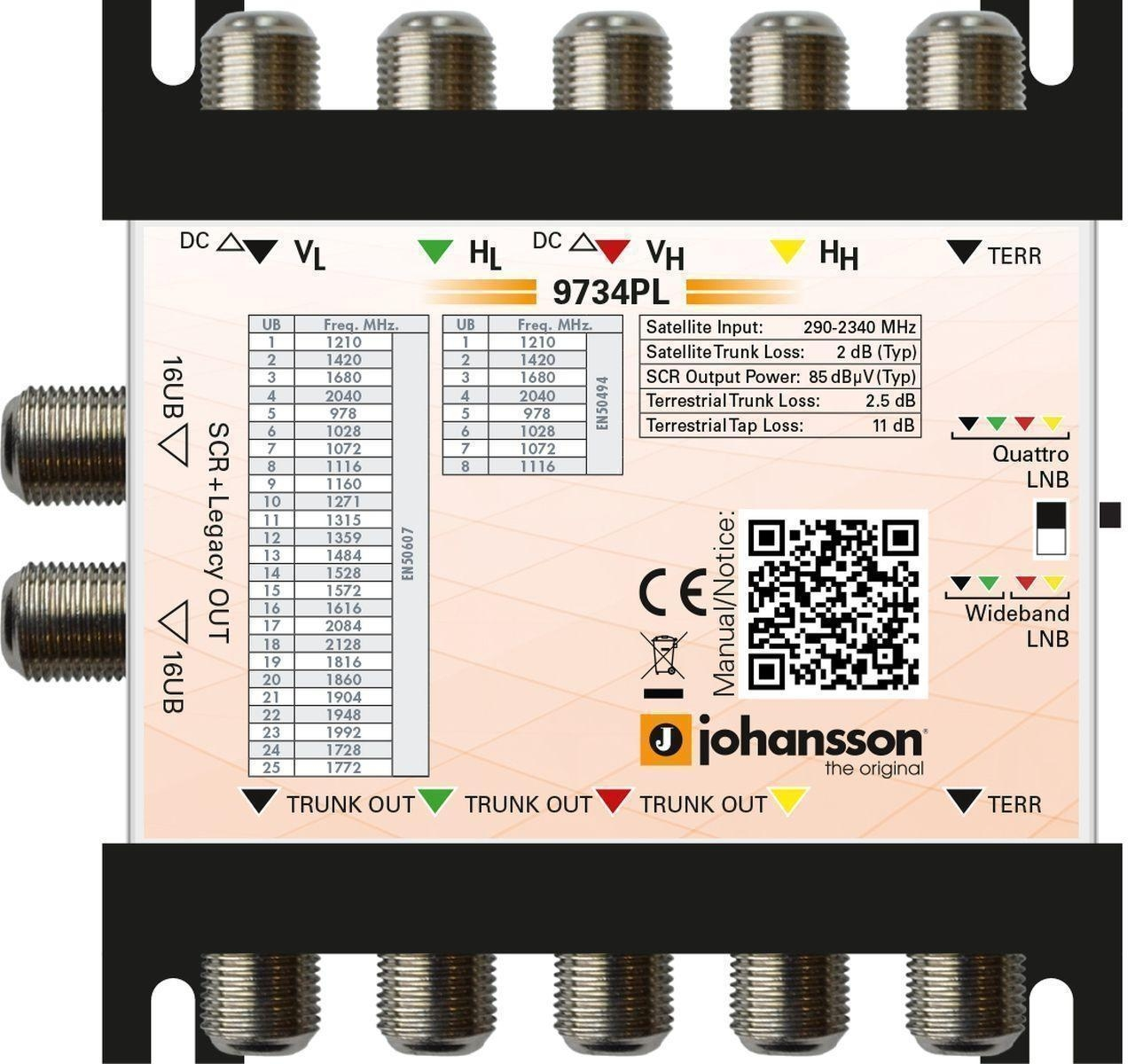 Elektronisches Gerät mit mehreren Anschlüssen und Verbindungen, mit technischen Spezifikationen und einem QR-Code.