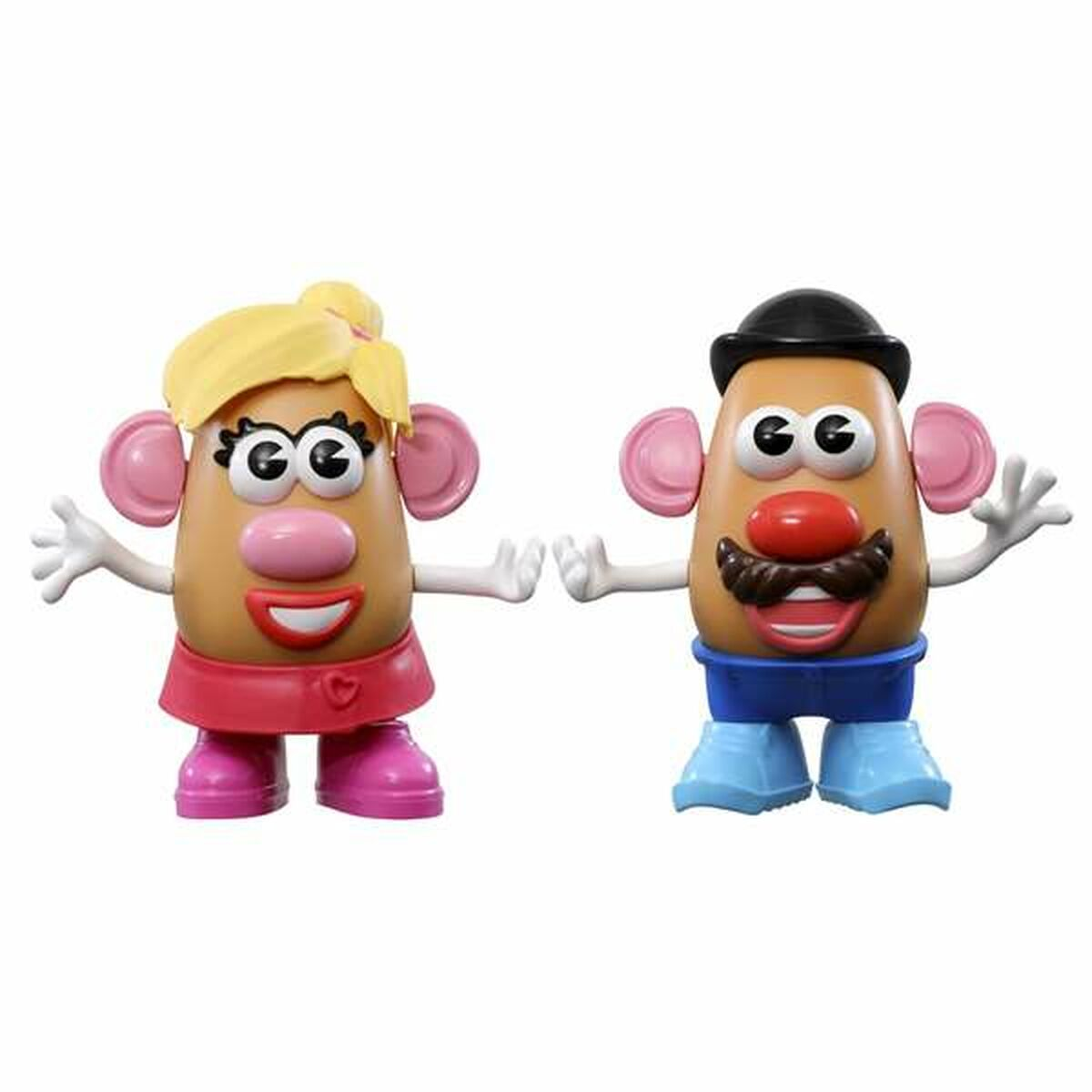 Mrs. und Mr. Potato Head Figuren mit abnehmbaren Merkmalen, die nebeneinander vor einem weißen Hintergrund stehen.