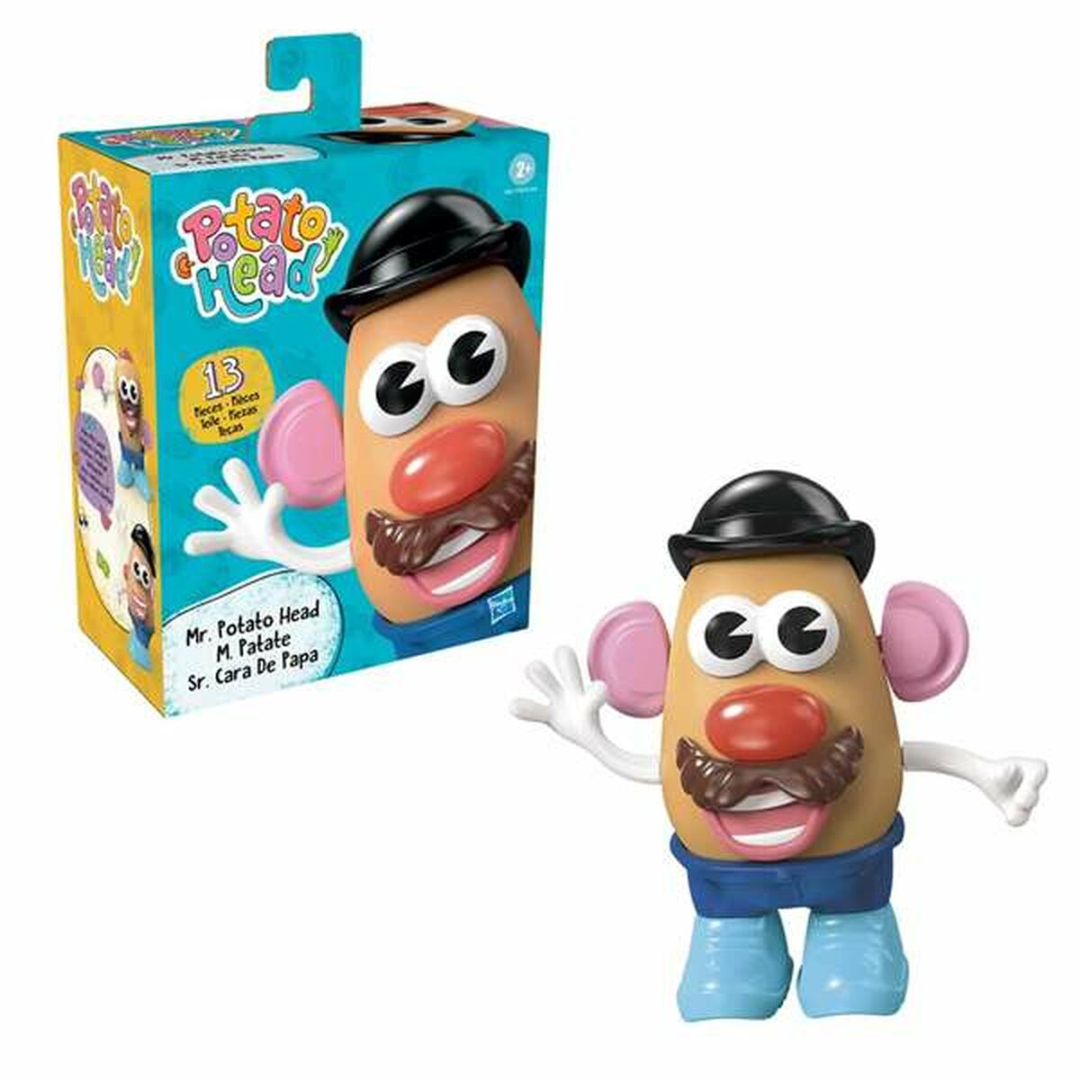 Mr. Potato Head Spielzeugkiste und Figur mit abnehmbaren Teilen und einem lächelnden Gesichtsausdruck.