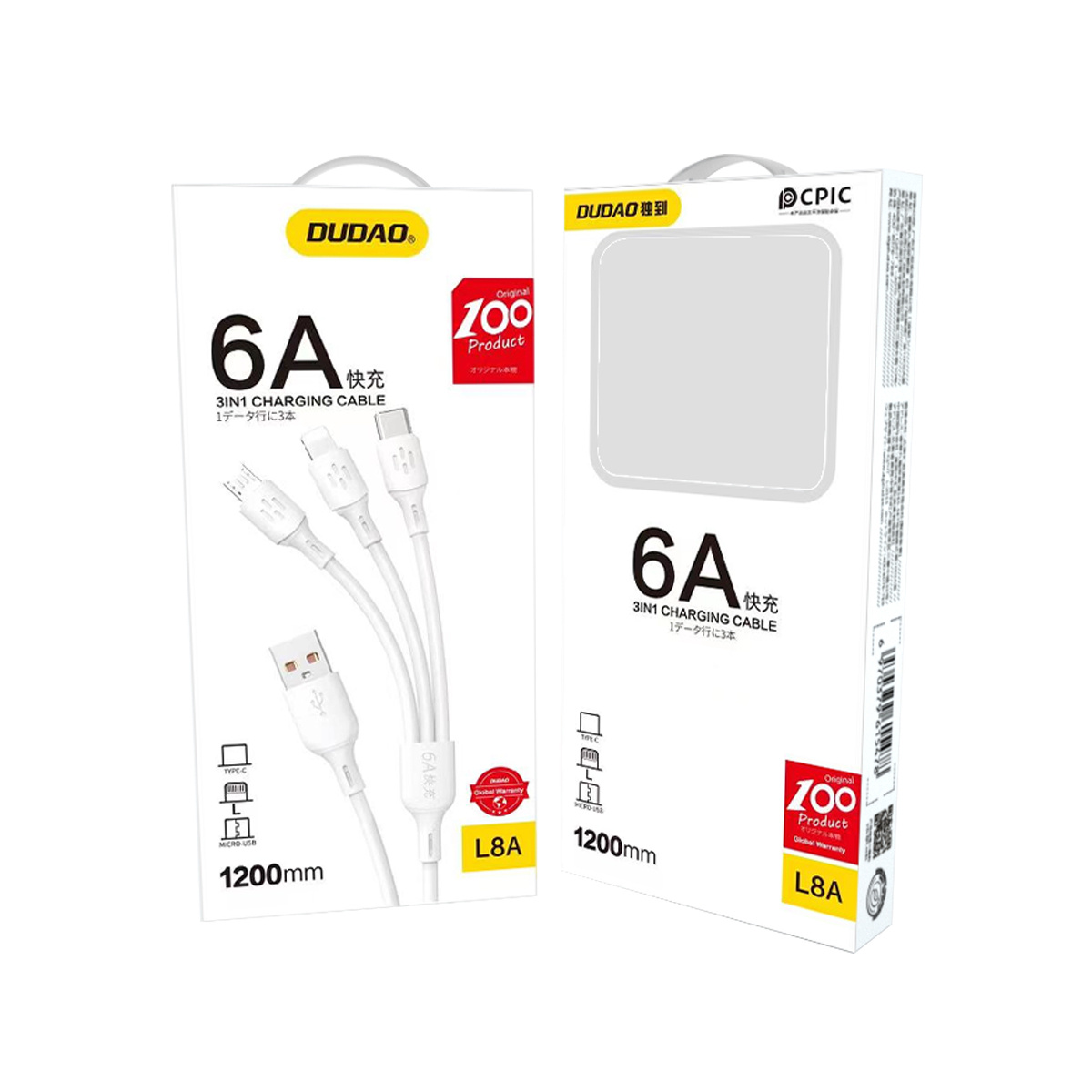 Dwa pudełka detaliczne pokazują kable ładujące 6A 3 w 1, prezentując cechy produktu i konstrukcję kabla.