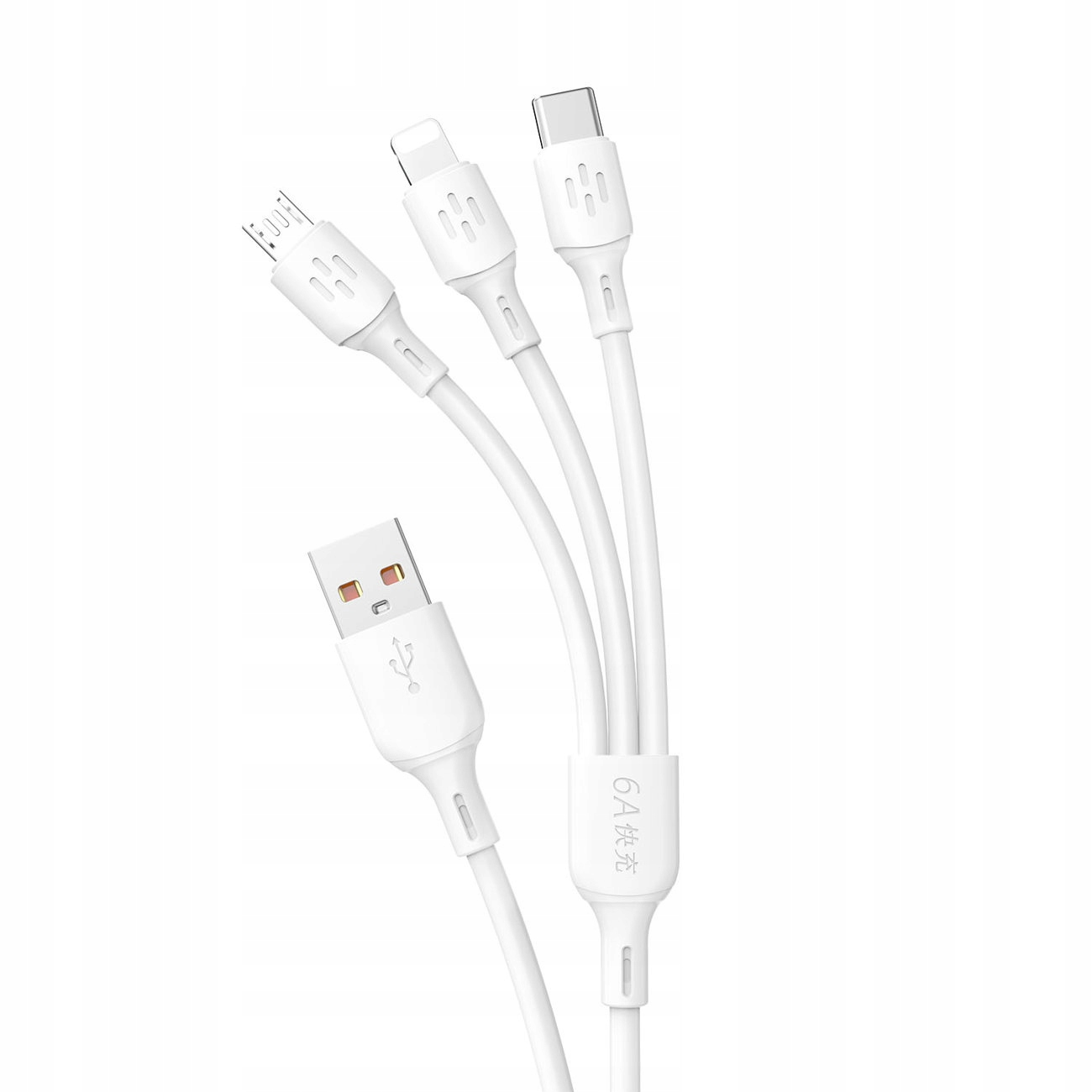 Biały kabel ładujący 3 w 1 ze złączami USB, Lightning i USB-C dla wielu urządzeń.