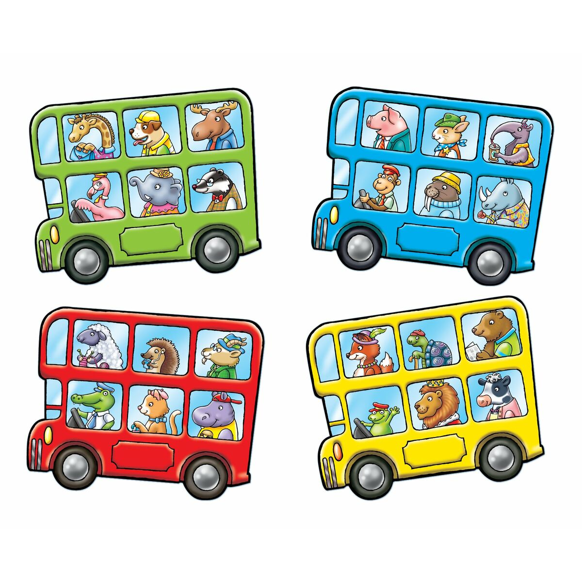 Vier Busse in Grün, Blau, Rot und Gelb, jeder mit tierischen Fahrgästen in den Fenstern.