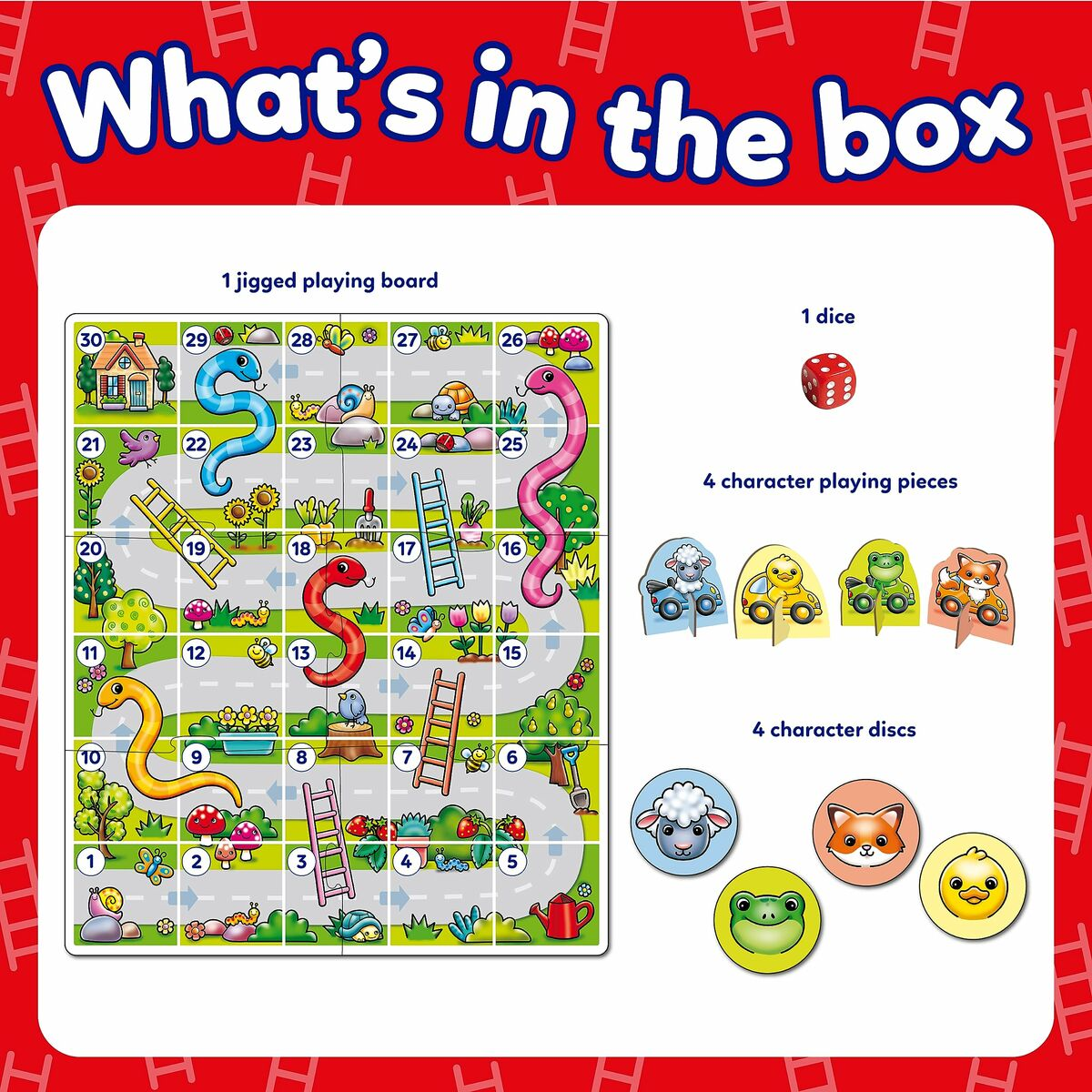 Ein Brettspiel mit Schlangenpfad, Würfeln und Spielfiguren.