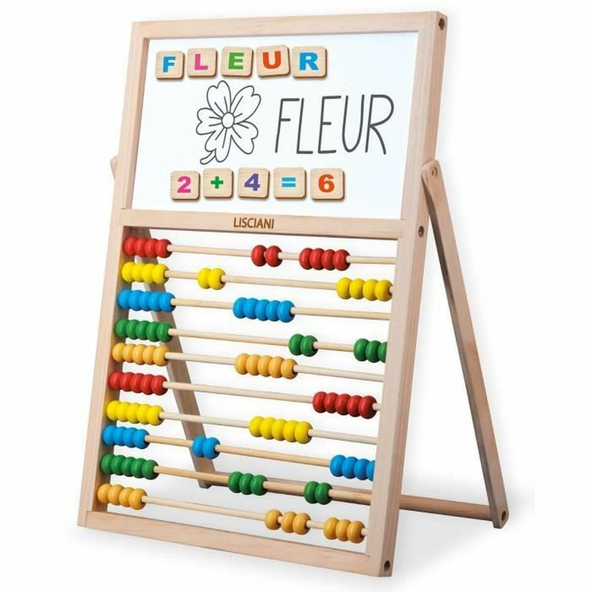 Un ábaco y una pizarra con la palabra FLEUR escrita en ella.