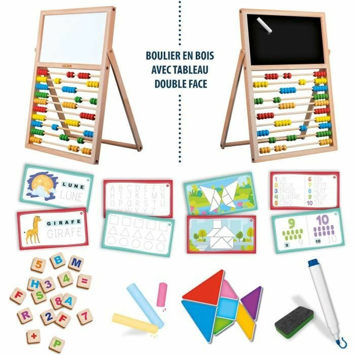 Juego educativo, incluyendo ábaco, pizarra blanca/negra y tarjetas.