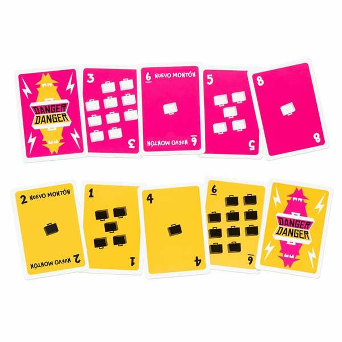 Spielkarten mit pinkem und gelbem Hintergrund und dem Spieletitel.