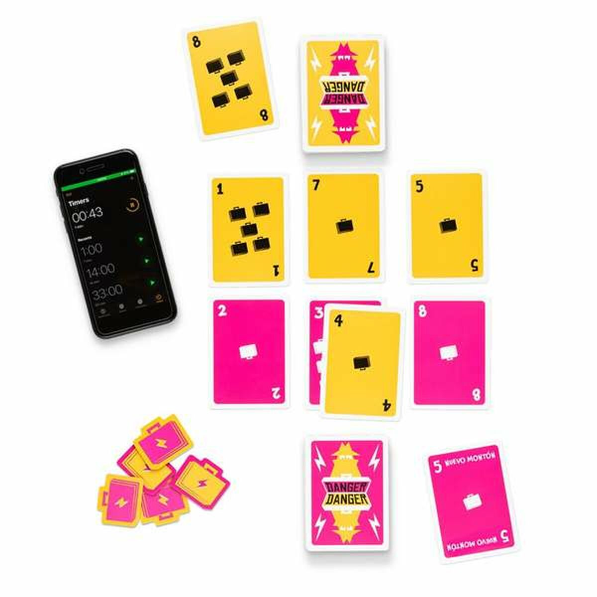 Spielkarten, einige pink und gelb, mit einem Telefon an der Seite.