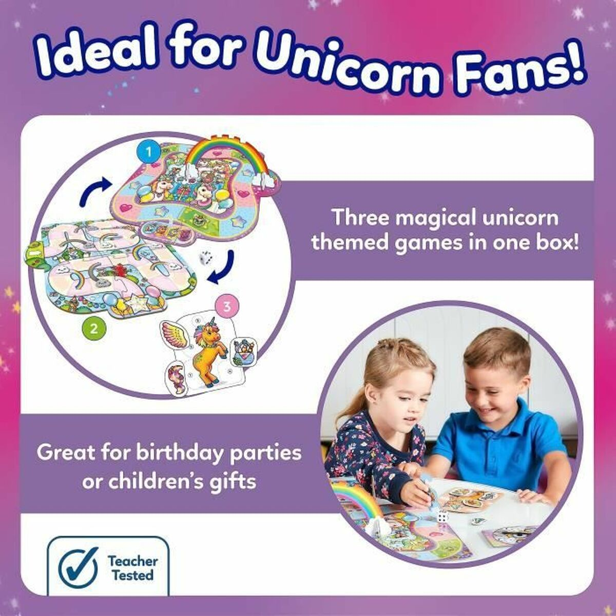 Eine Spielbox mit Einhorn-Themenspielen, mit spielenden Kindern. Text: Ideal für Einhorn-Fans!