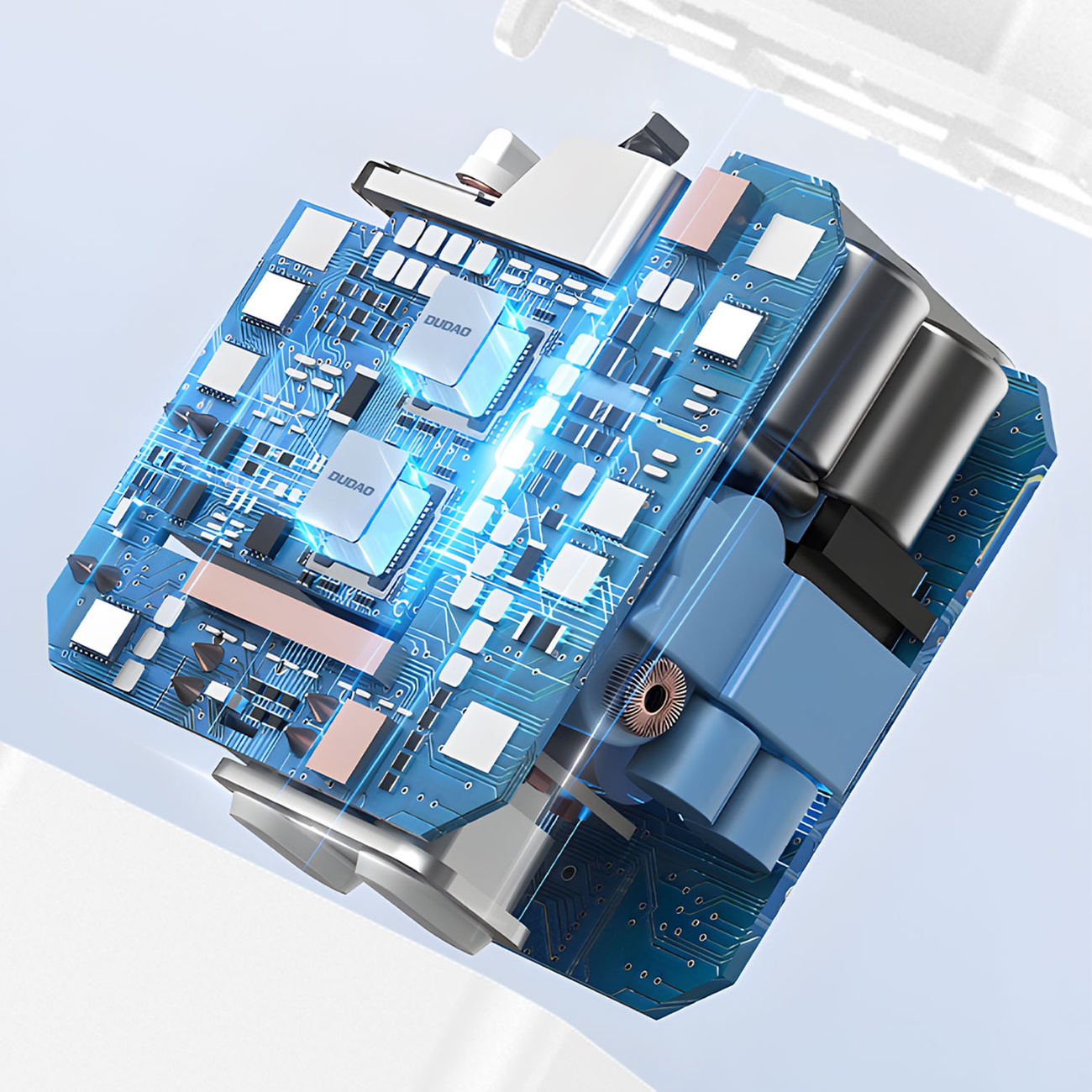 Zbliżenie niebieskiej płytki drukowanej, widoczne części ładowarki. Niebieskie światło podkreśla przepływ.