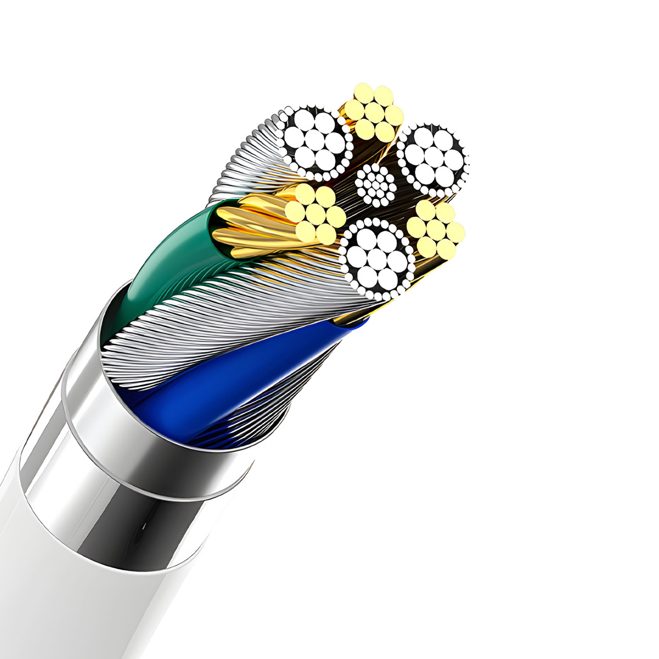 Przecięty kabel pokazujący wewnętrzne przewody. Widoczne białe, zielone, niebieskie i złote przewody. Białe tło.