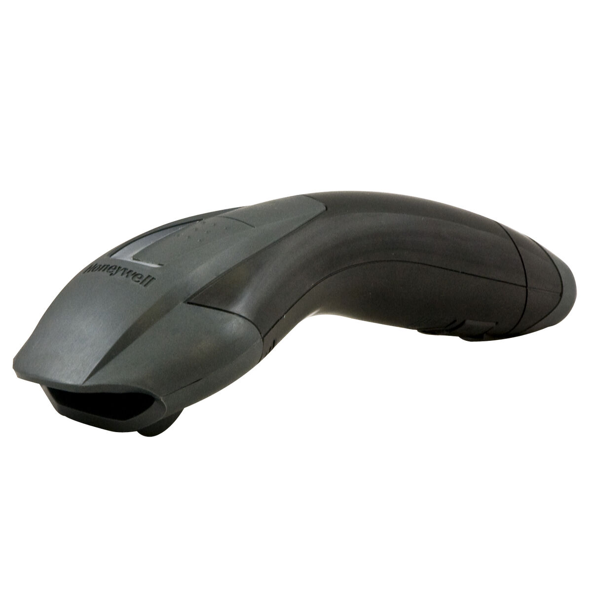 Ein schwarzer und grauer Honeywell Barcode-Scanner. Der Scanner ist gebogen und hat das Honeywell-Logo.