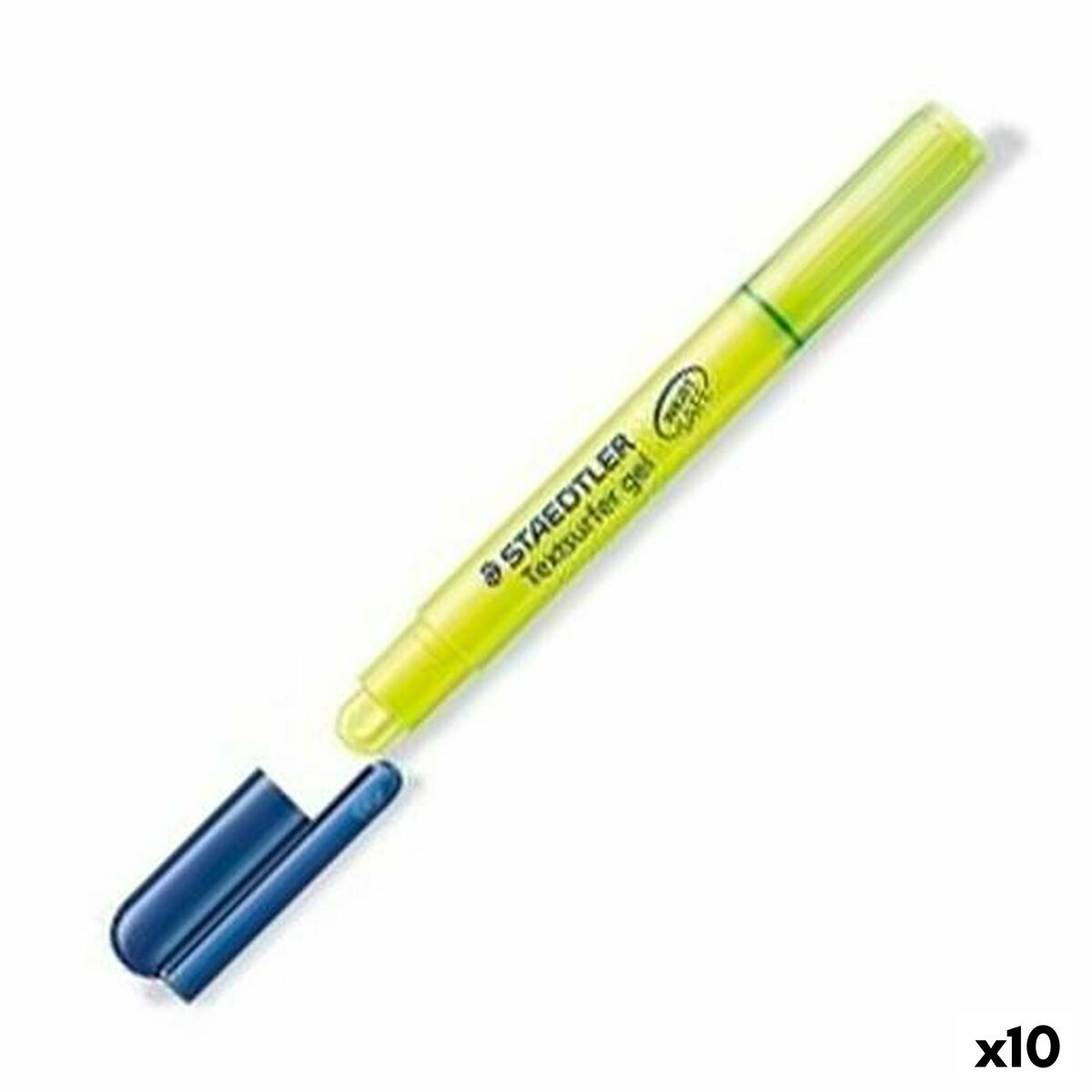 Ein gelber Textmarker mit blauem Deckel. Der Stift trägt die Aufschrift 'STAEDTLER Texsurfer gel'.