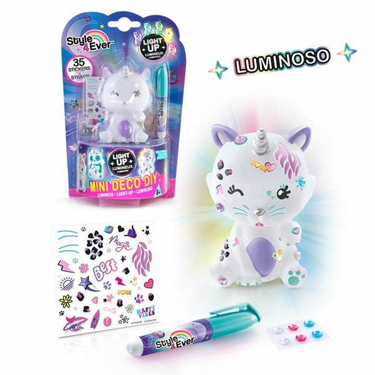 Weißes Katzenspielzeug mit Aufklebern, einem Marker und Aufklebern. Ebenfalls enthalten sind die Worte 'LUMINOSO' und 'HAPPY VIBES'.