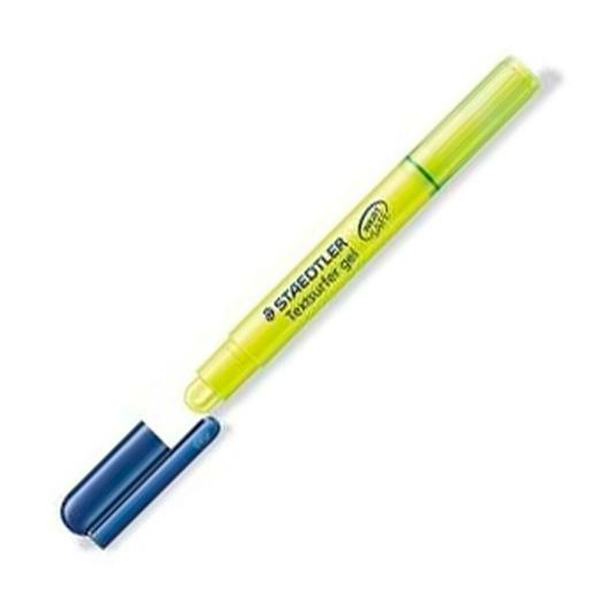 Ein gelber Textmarker mit blauem Deckel. Der Stift trägt die Aufschrift 'STAEDTLER Texsurfer gel'.