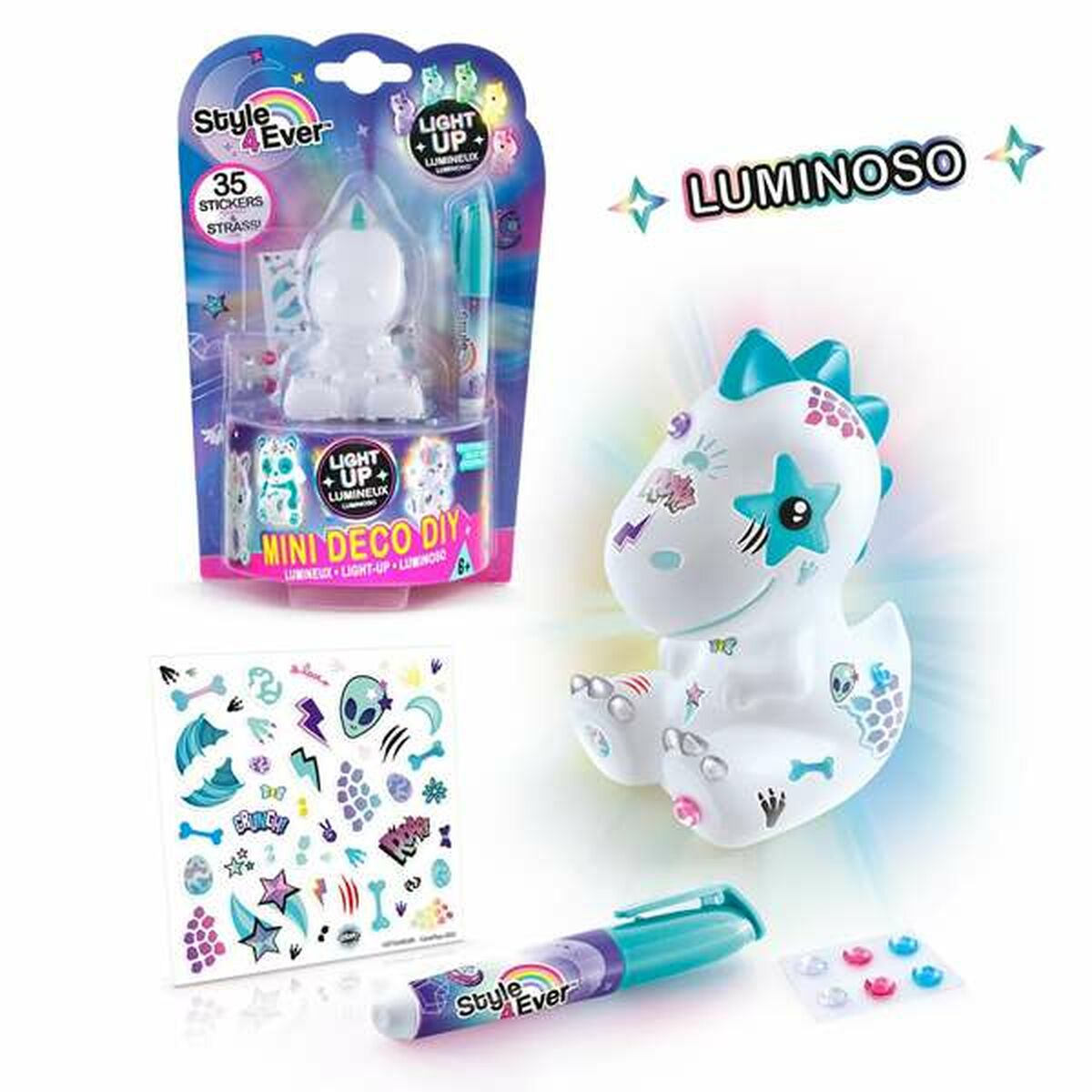 Weißes Dinosaurier-Spielzeug mit Aufklebern, einem Marker und Aufklebern. Ebenfalls enthalten sind die Worte 'LUMINOSO' und 'HAPPY VIBES'.