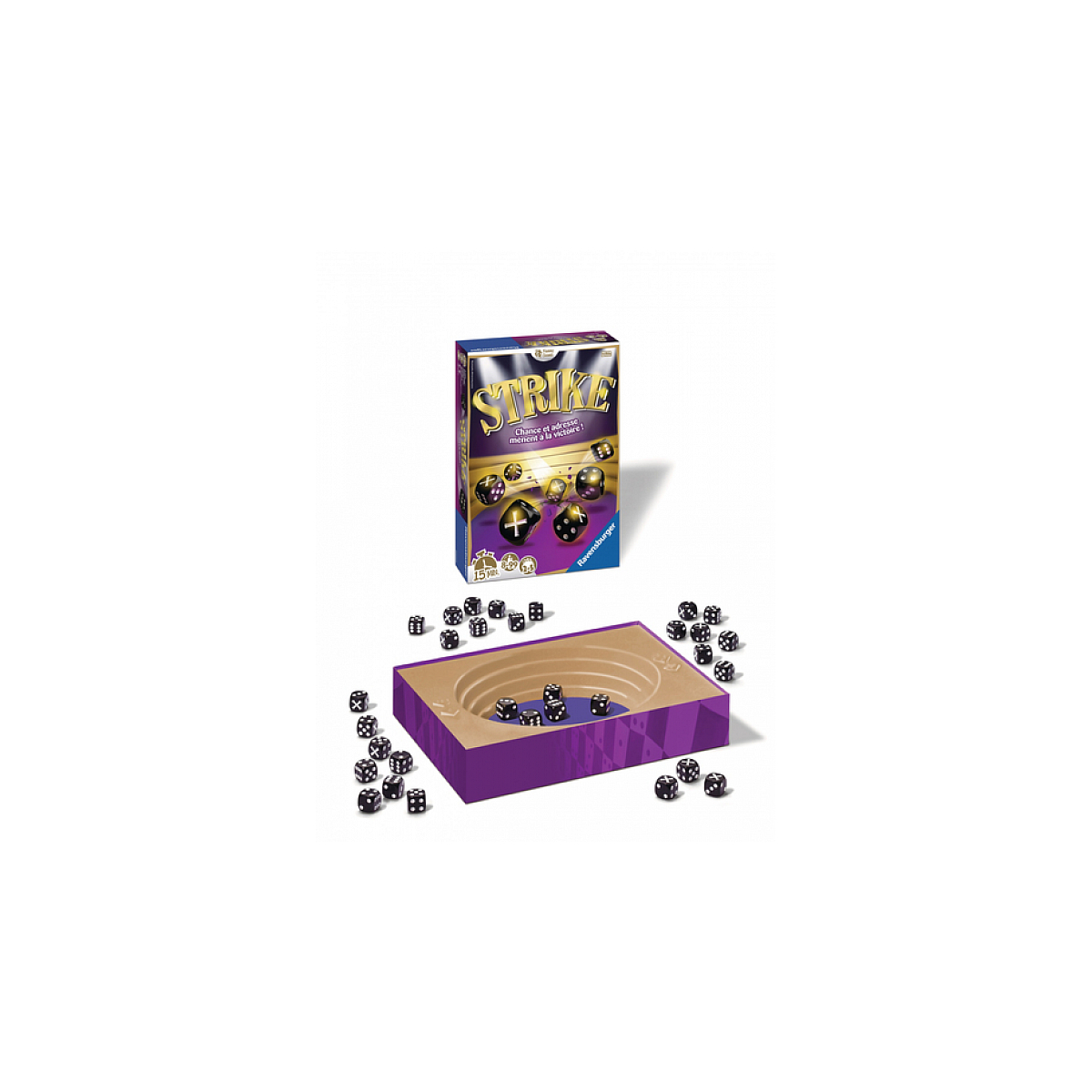 Pudełko z grą planszową z kostkami. Gra ma fioletową tacę i wiele czarnych kostek z białymi kropkami.
