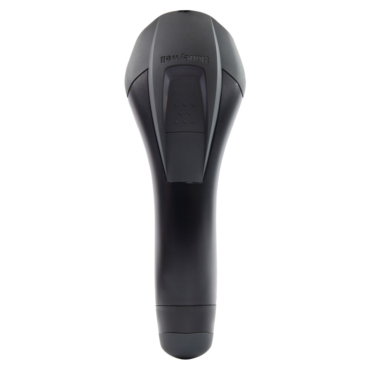 Ein schwarzer Honeywell Barcode-Scanner. Er hat einen Griff und einen Scan-Kopf. Der Scanner befindet sich auf weißem Hintergrund.