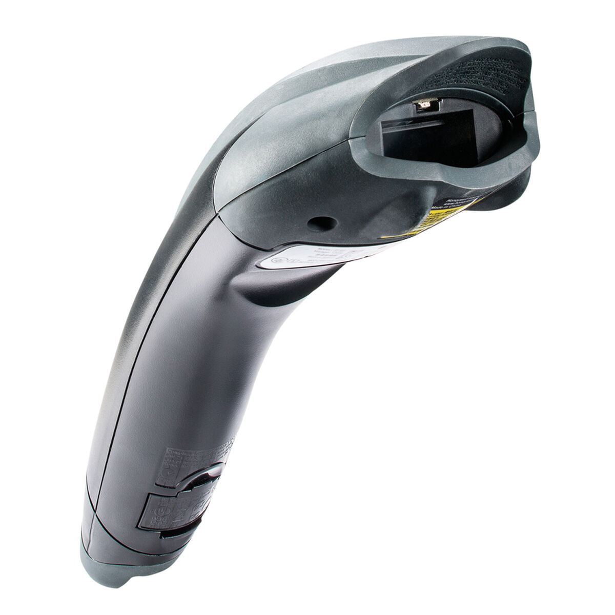 Ein schwarzer Honeywell Barcode-Scanner. Er hat einen Griff und einen Scan-Kopf. Der Scanner befindet sich auf weißem Hintergrund.