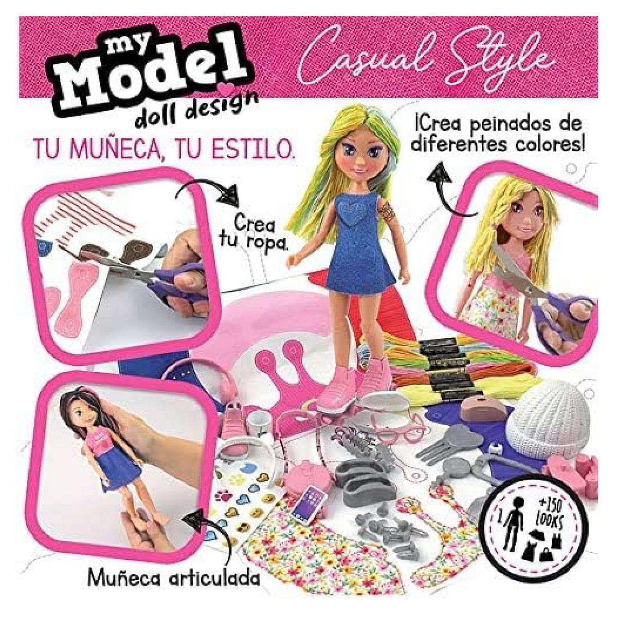 Pudełko z grą w projektowanie lalek. Lalka widoczna jest na różowym tle. Są nożyczki, sukienka i inne akcesoria.