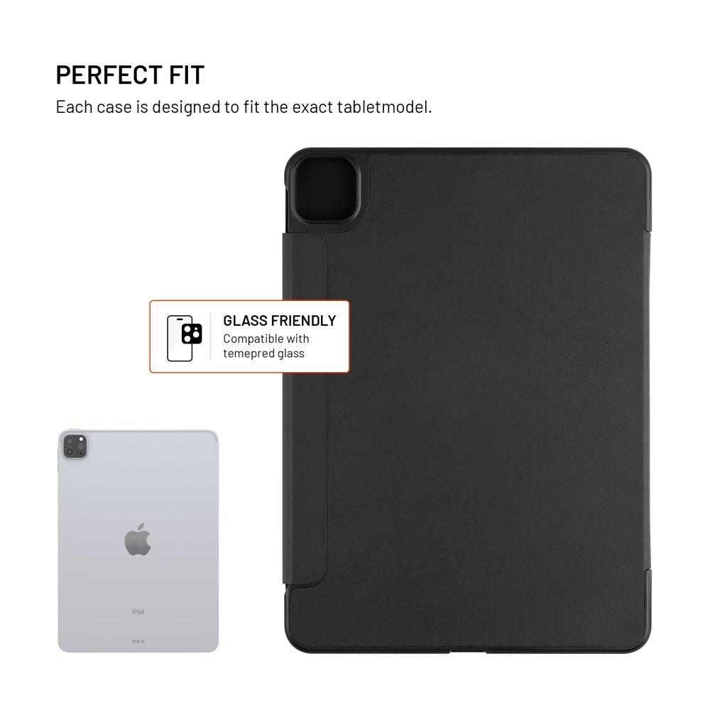 Ein iPad und eine schwarze Tablethülle. Text: Perfect Fit. Jede Hülle passt zum exakten Modell.
