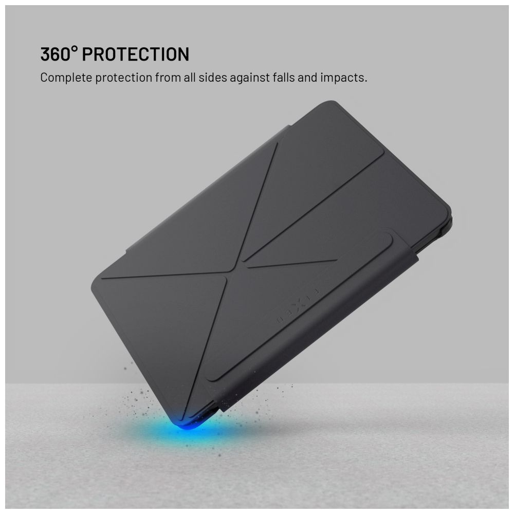 Eine schwarze Tablethülle mit geometrischem Design wird gezeigt. Text: 360° Schutz. Vollständiger Schutz.