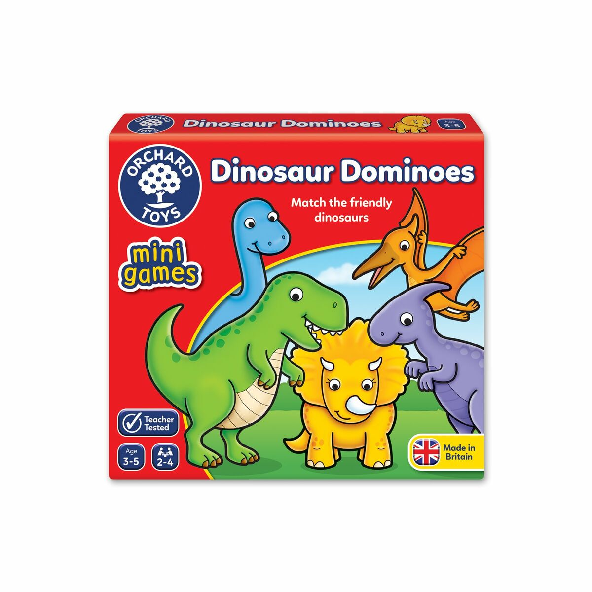 Dinosaurier-Domino-Box mit Zeichentrick-Dinosauriern. Die Box ist rot mit dem Spieltitel darauf.