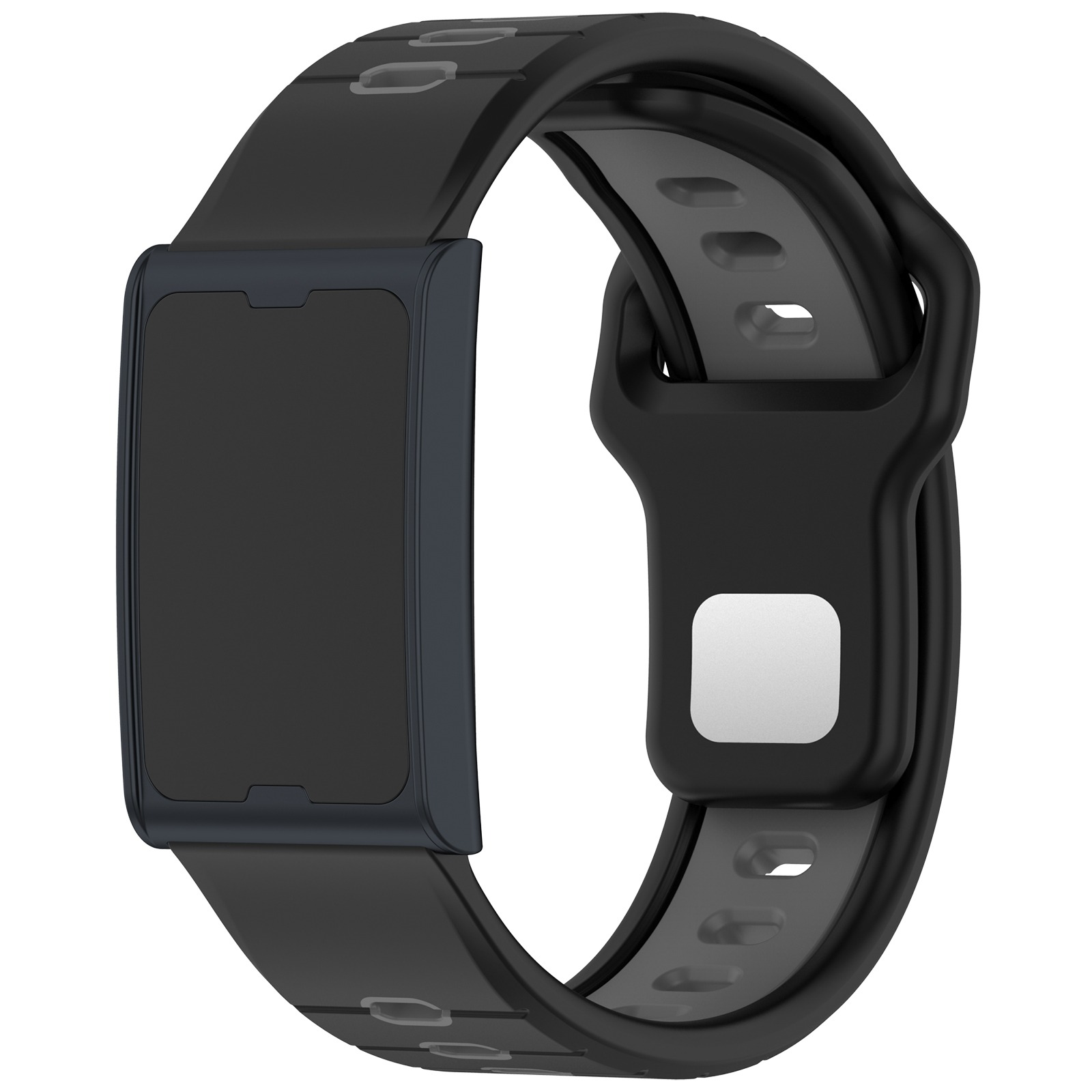 Schwarzes Uhrenarmband mit schwarzem Bildschirm. Das Band hat graues Innenband und rechteckige Löcher.