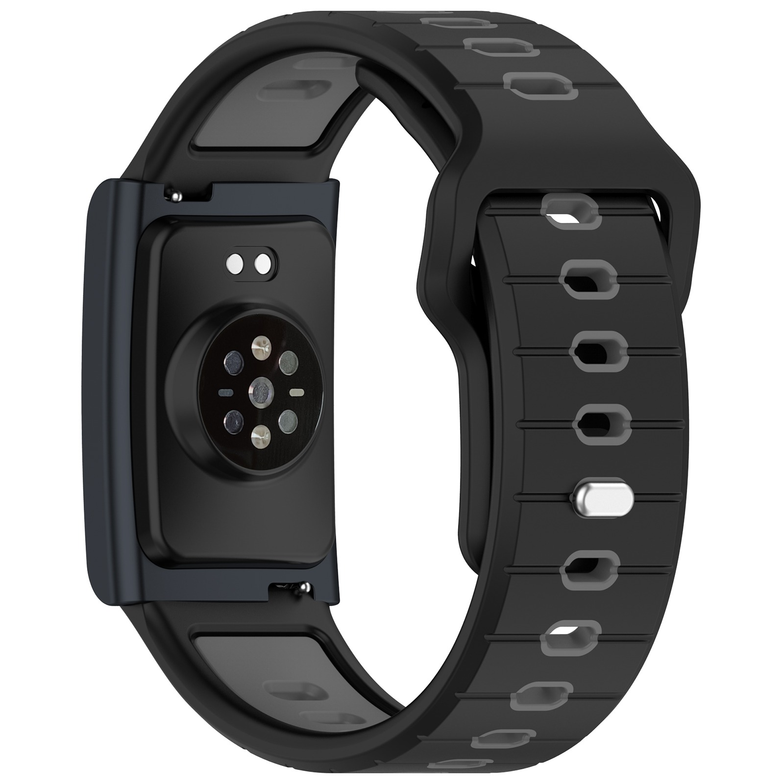 Schwarzes Uhrenarmband, Rückansicht. Zeigt die Sensoren und das Banddesign. Graues Innenband und Löcher.