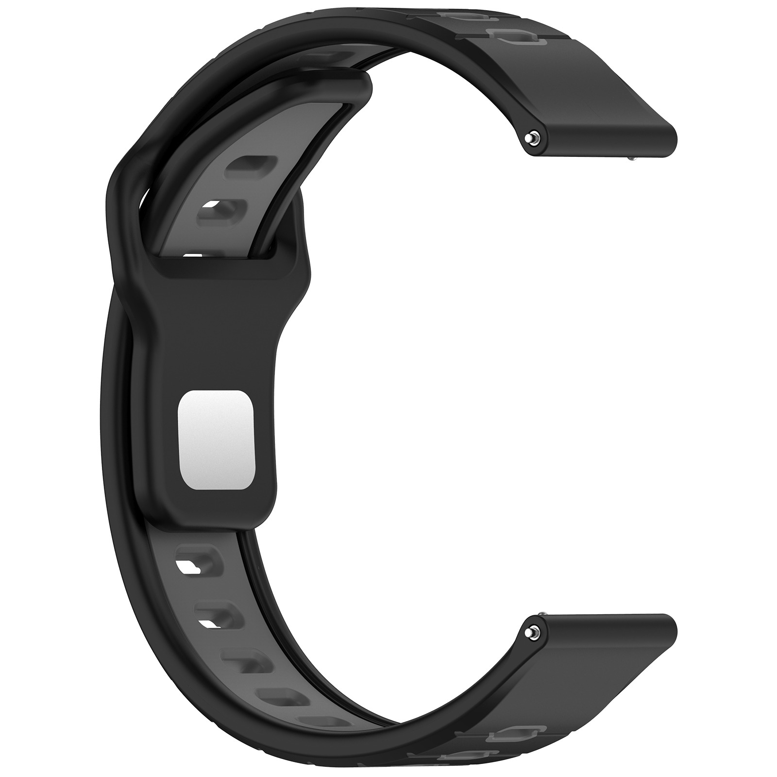 Schwarzes Uhrenarmband. Das Band hat ein graues Innenband und eine rechteckige Form.