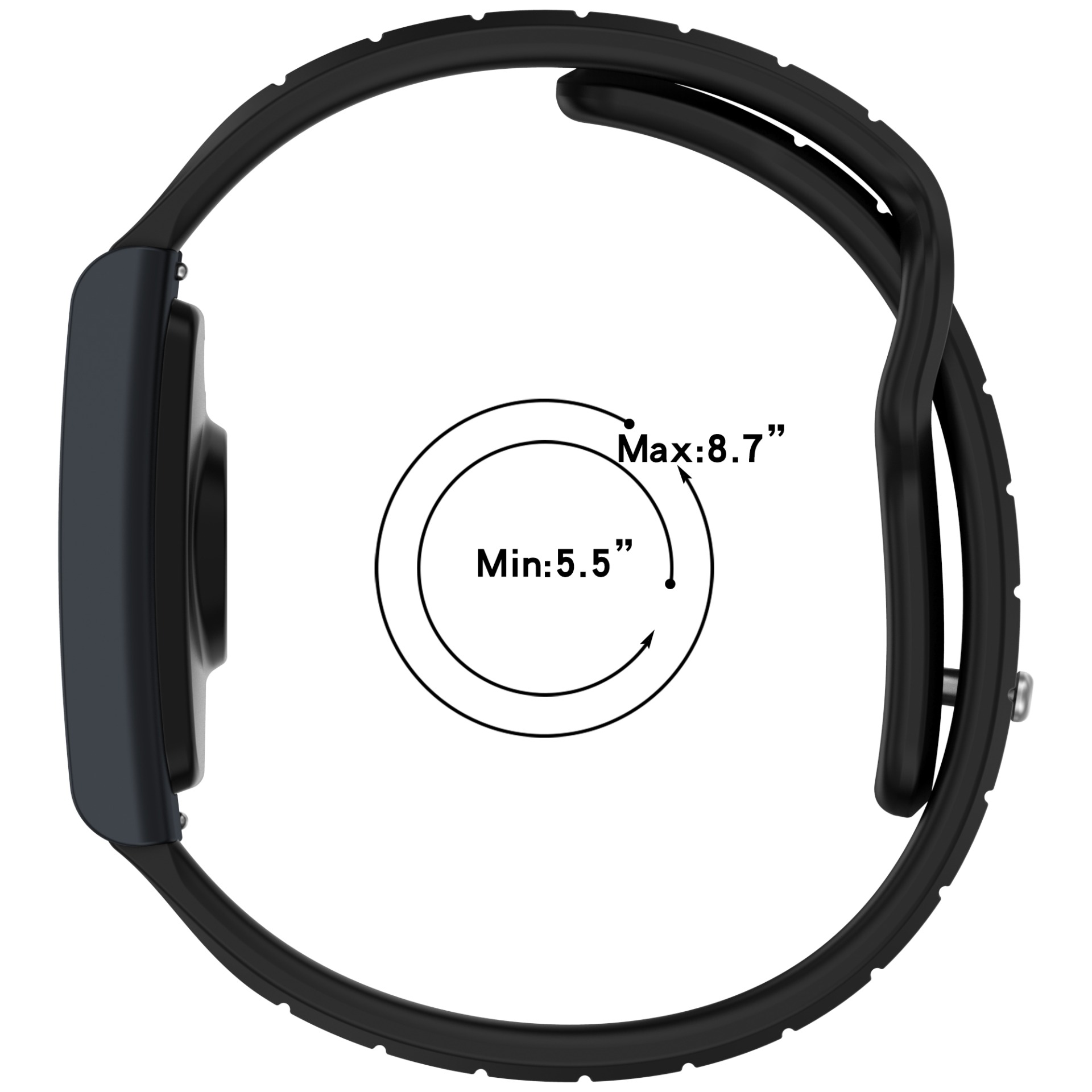 Schwarzes Uhrenarmband, Größenübersicht. Zeigt den Größenbereich mit einem Kreisdiagramm und Text.