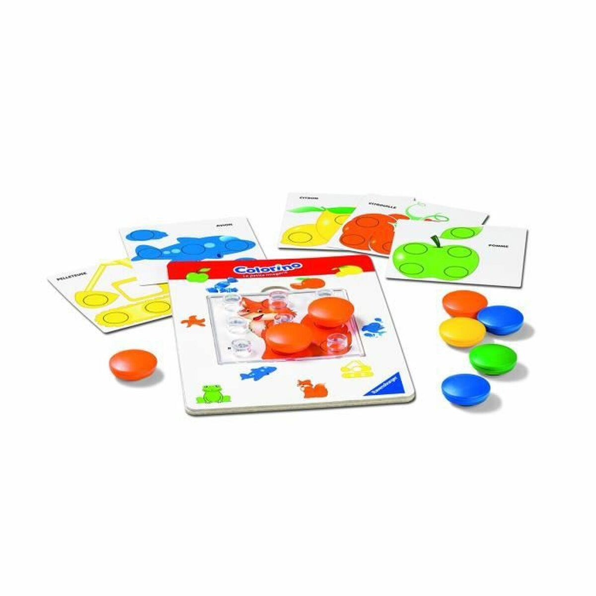 Gioco Colorino con carte, forme e una volpe. Sfondo bianco.