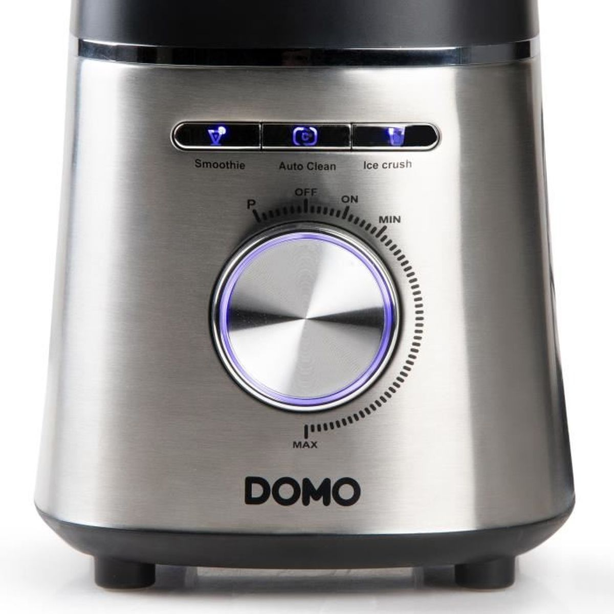 Primo piano della base di un frullatore, che mostra il quadrante e i pulsanti con il logo DOMO.