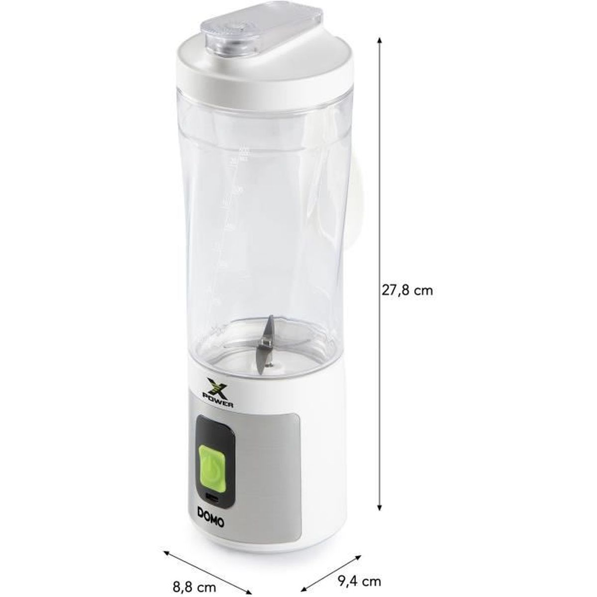 Ein kleiner weißer und silberner Mixer. Abmessungen von 8,8x9,4x27,8 cm sind angegeben.