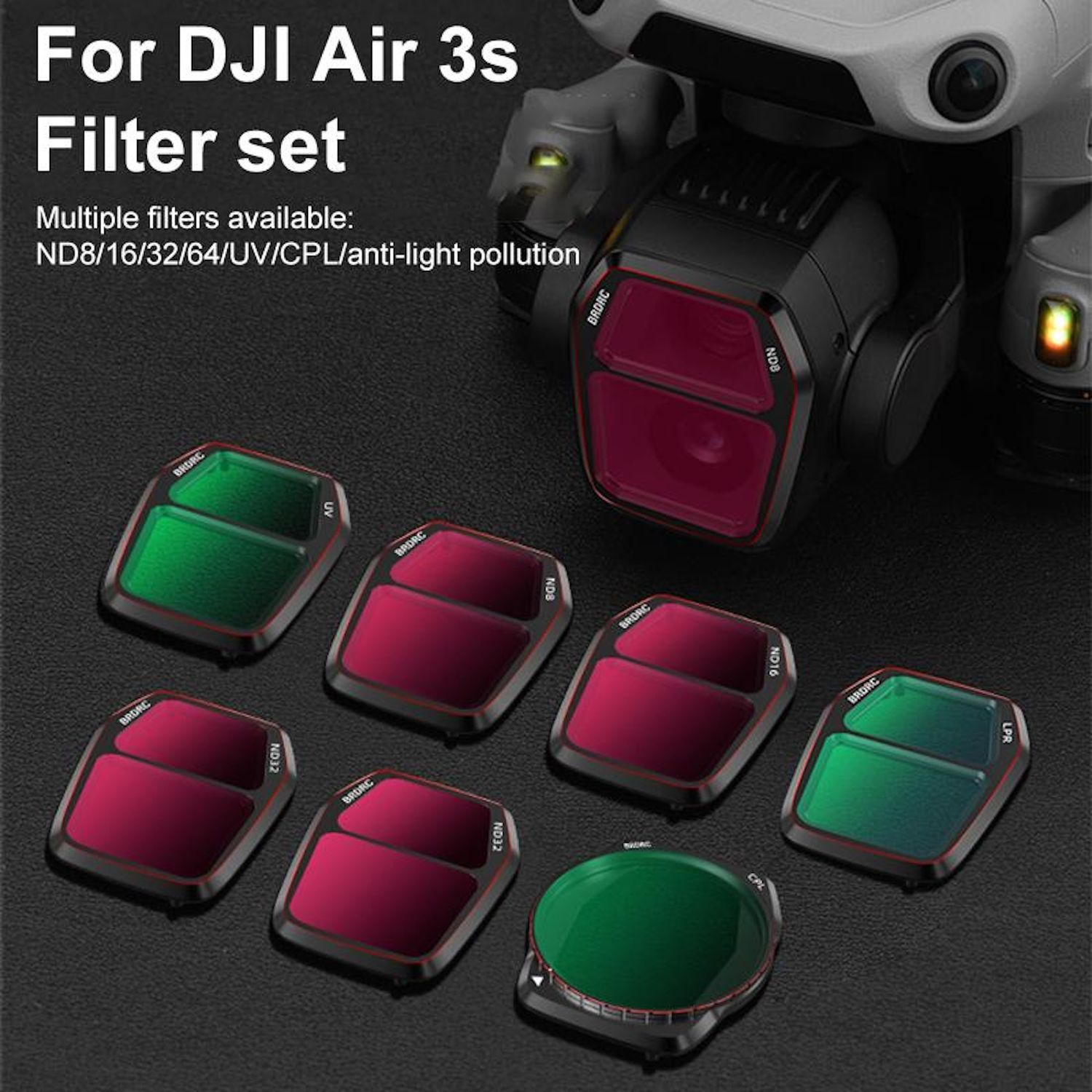 Filter für eine DJI Air 3s Drohne. Verschiedene Farben.