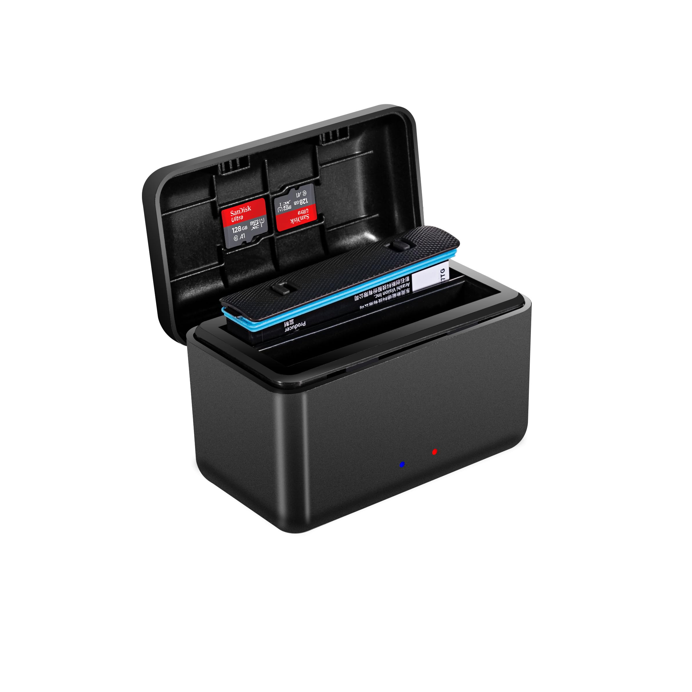 Ein schwarzes Speichergerät mit SD-Karten-Slots. Rote und blaue Lichter.