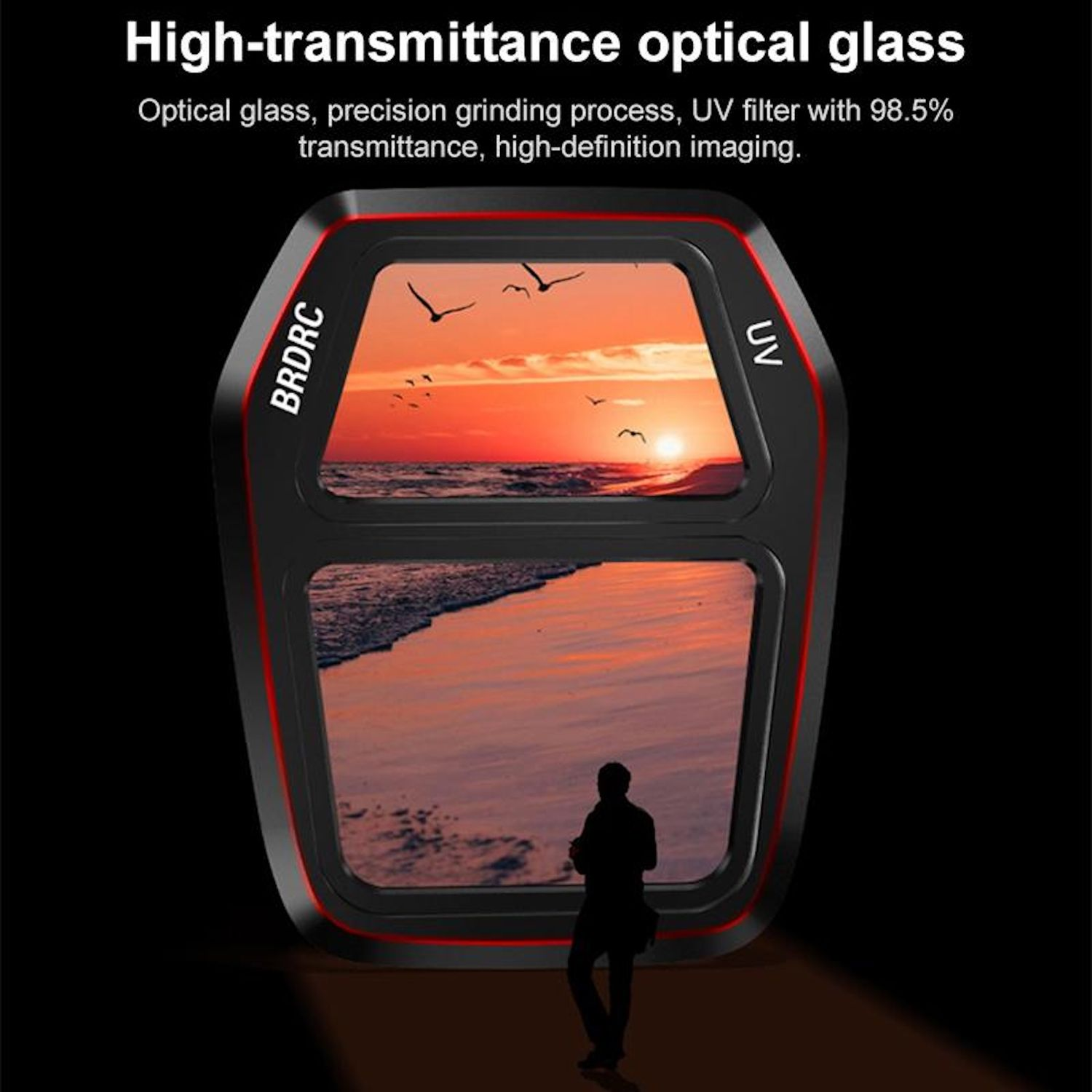 Optisches Glas mit einer Sonnenuntergangsszene. Der Text besagt, dass es eine hohe Transmission und einen UV-Filter hat.