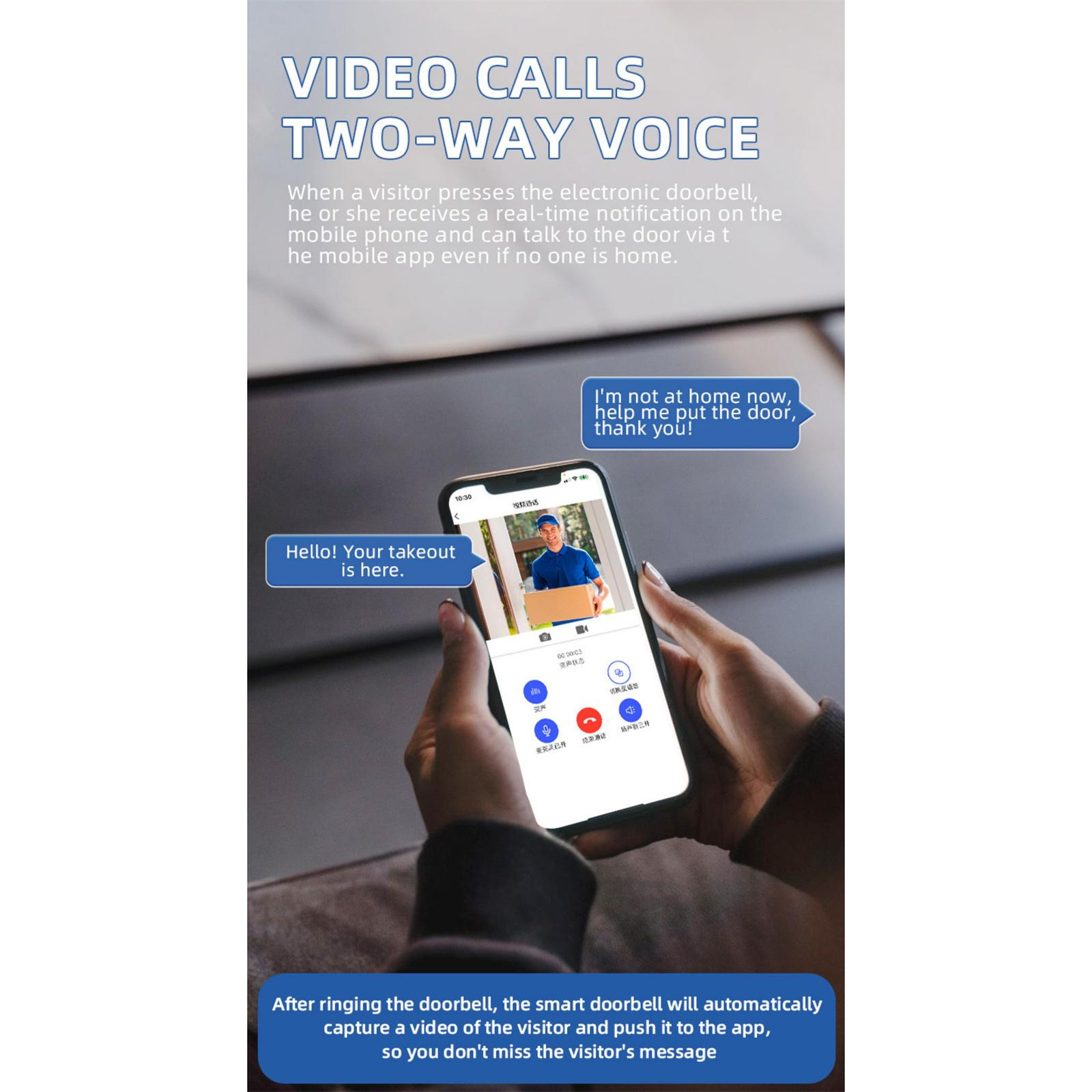 Person hält ein Telefon mit einem Videoanruf mit einem Zusteller. Text besagt, dass es eine Zwei-Wege-Sprache ist und Video aufnehmen kann.