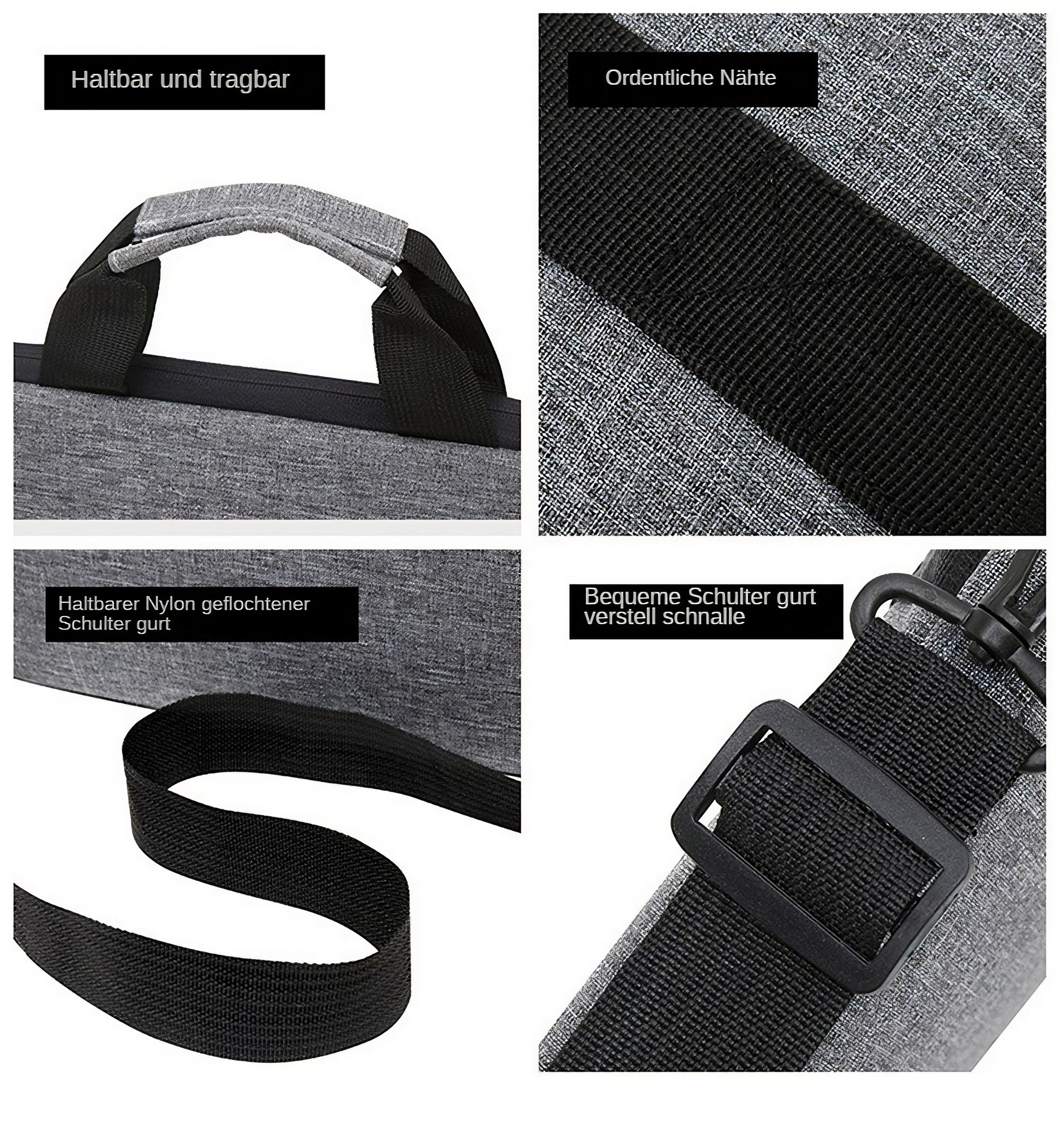 Nahaufnahme von Details einer grauen Tasche: Griff, Nähte, Schultergurt und Schnalle. Alle Komponenten sind im Bild.