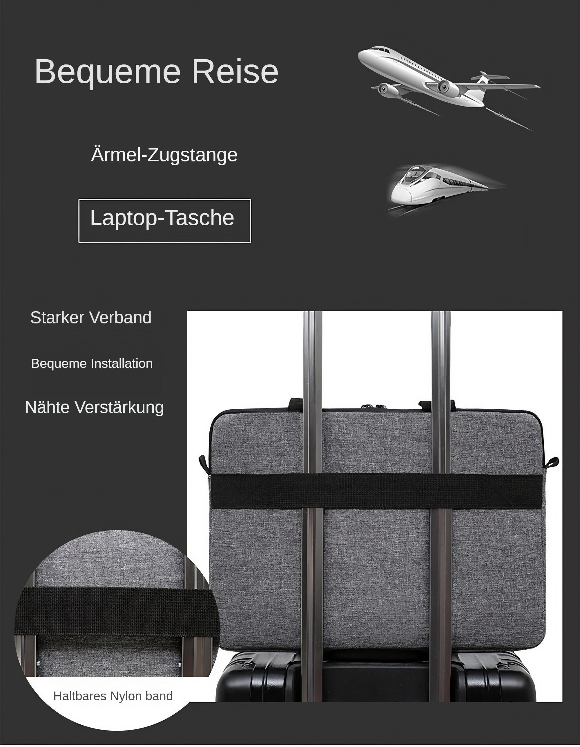 Eine graue Laptoptasche ist an einem Koffer befestigt. Die Tasche hat einen schwarzen Riemen. Im Hintergrund sind ein Flugzeug und ein Zug zu sehen.