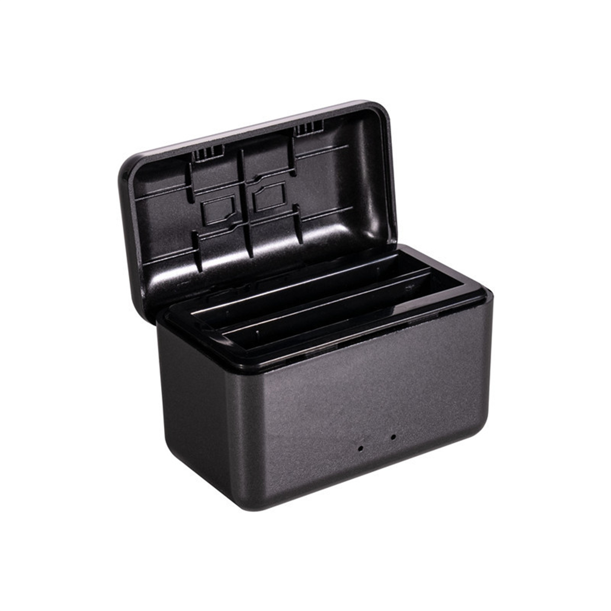 Offener schwarzer Lade-Hub. Der Innenraum hat Schlitze für Batterien. Der Hintergrund ist weiß.