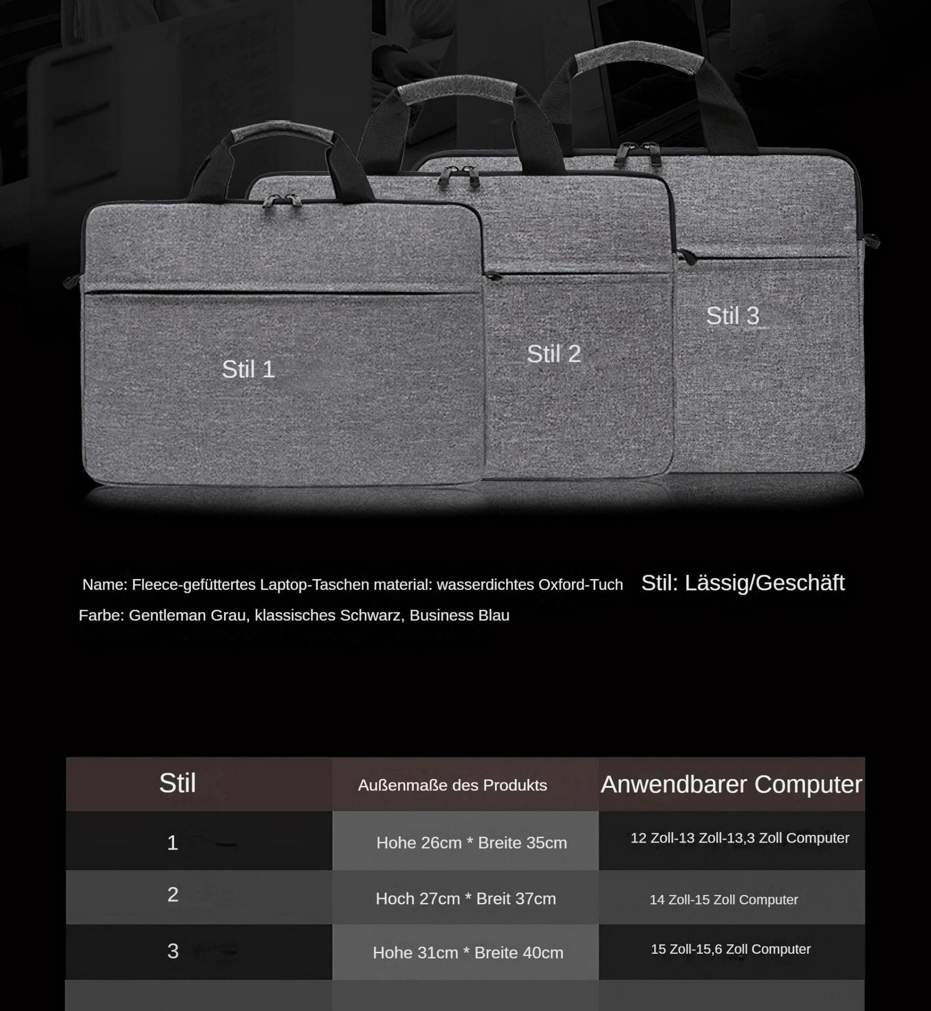 Drei graue Laptoptaschen in verschiedenen Größen, mit Produktbeschreibung und Größentabelle darunter.