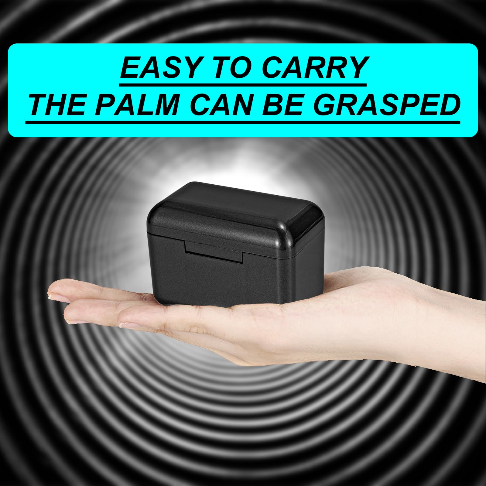 Eine Hand, die eine kleine schwarze Box hält, mit einem Text-Overlay, das besagt 'Leicht zu tragen'.