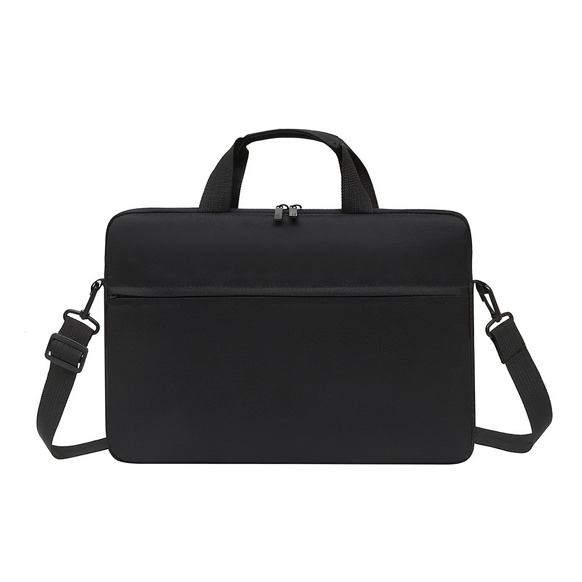 Eine schwarze Laptoptasche mit Griff, Schultergurt und Reißverschluss auf weißem Hintergrund.