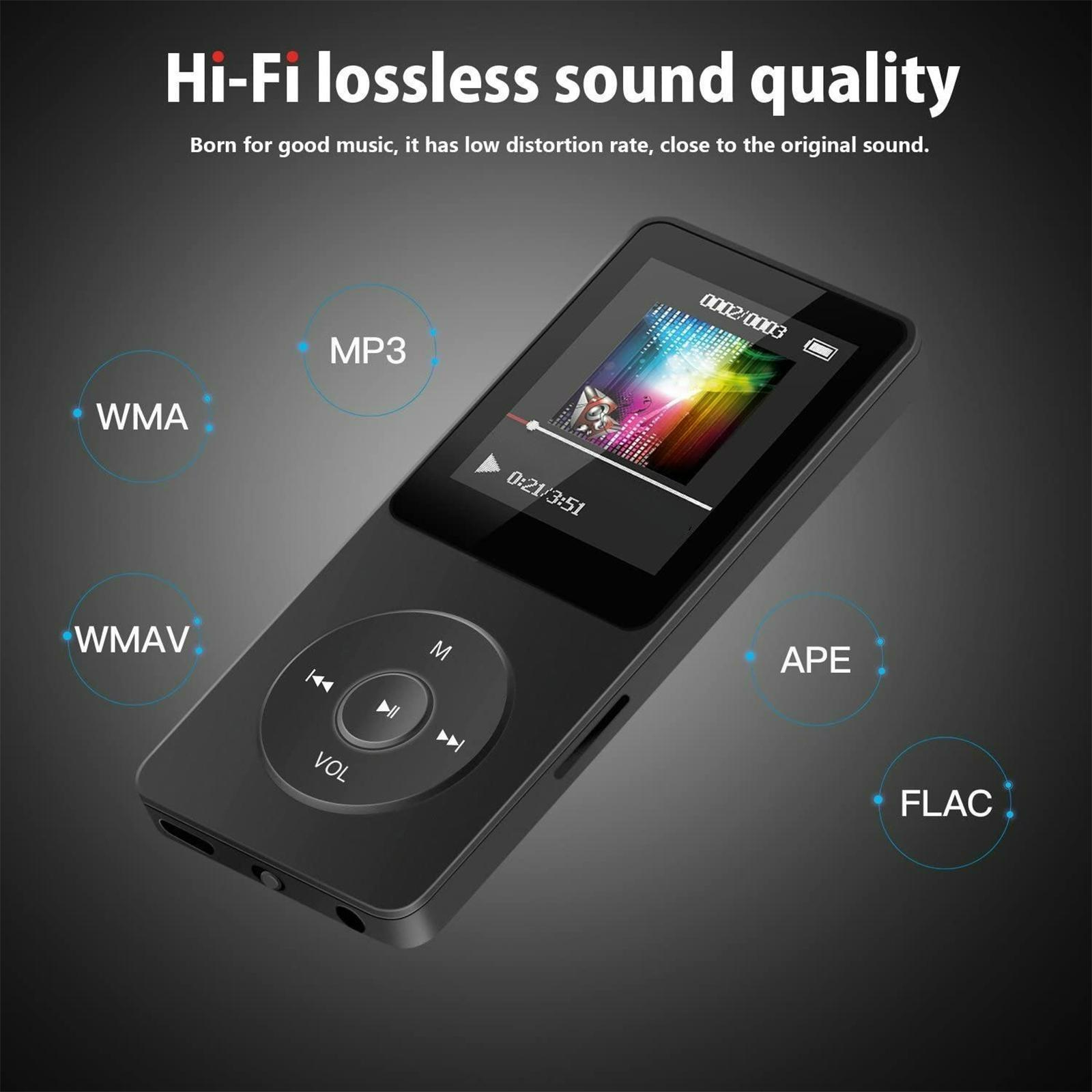 Schwarzer MP3-Player, der eine Musikoberfläche mit mehreren Musikformaticons auf dunklem Hintergrund zeigt.