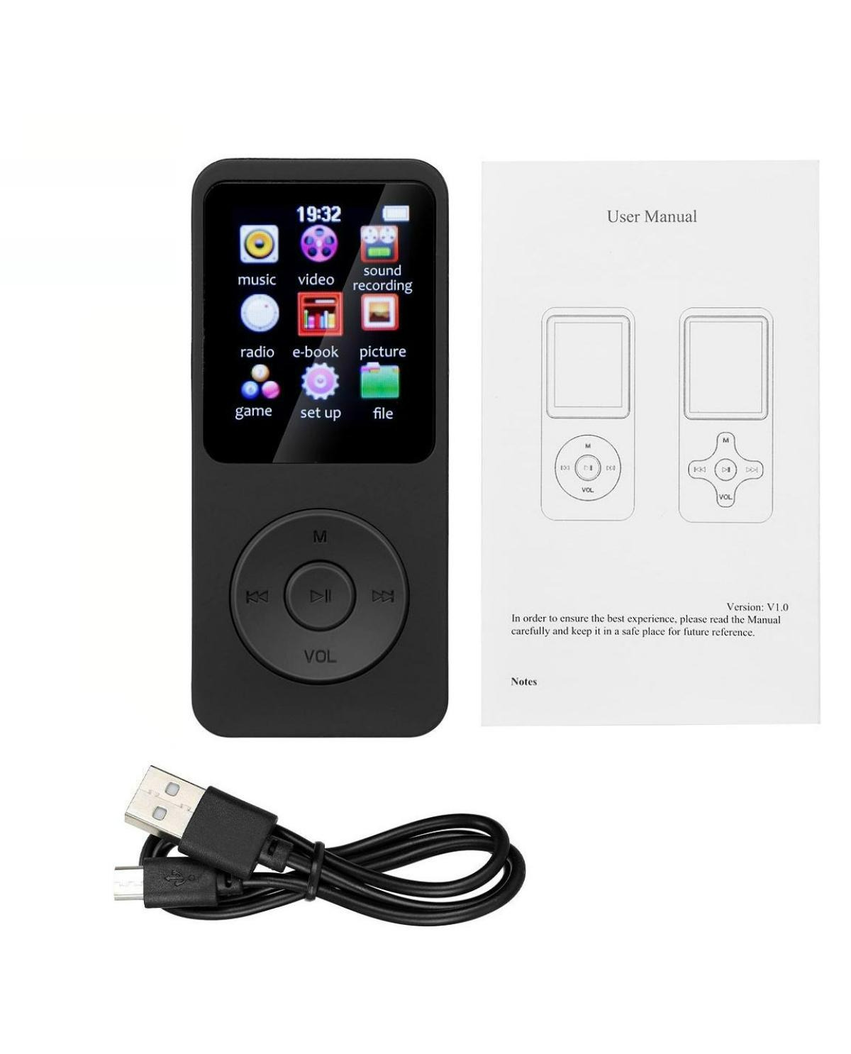 Ein schwarzer MP3-Player mit Bildschirm, USB-Kabel und Bedienungsanleitung auf weißem Hintergrund.